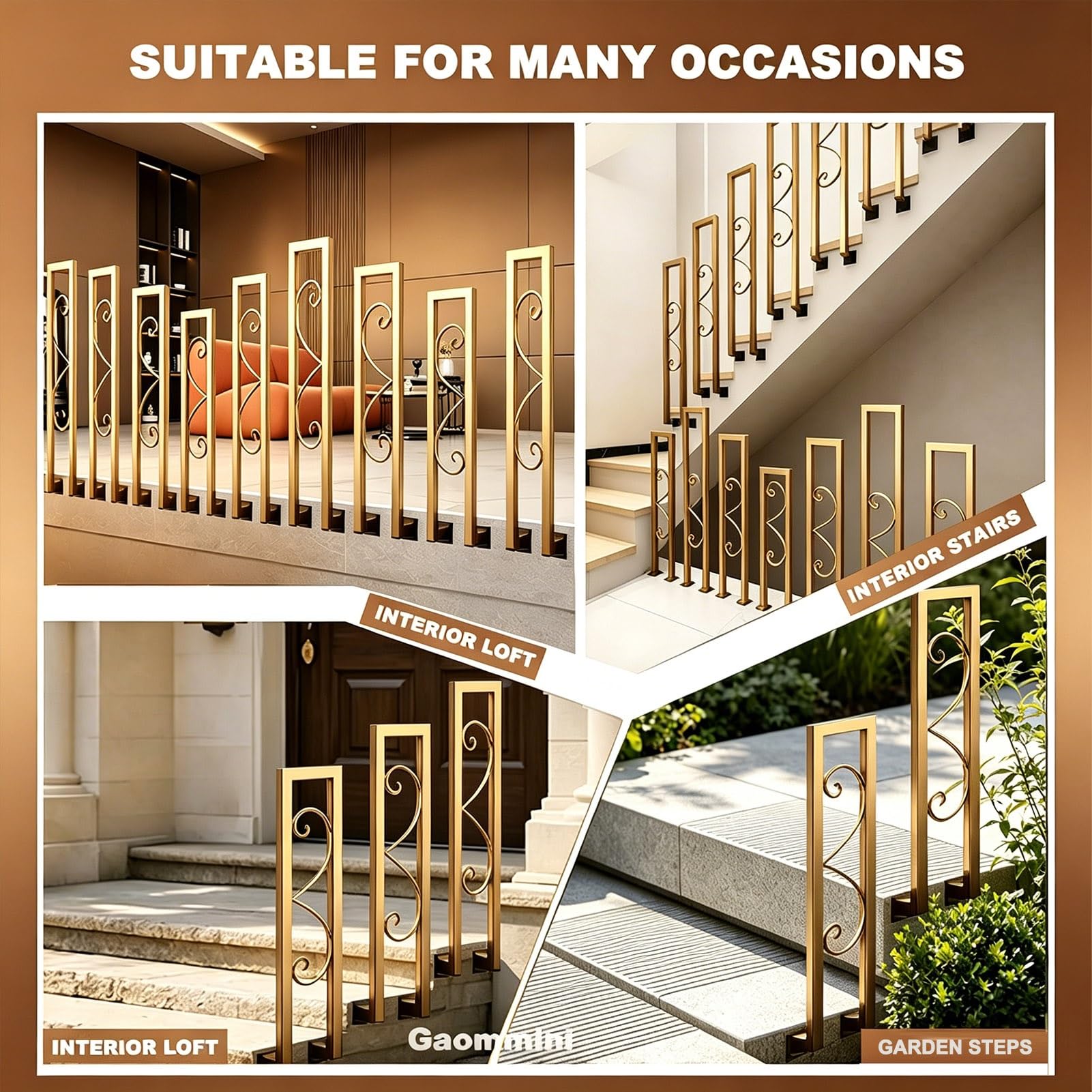 Pasamanos de montaje lateral para escalones interiores Barandilla de escalera exterior - Hierro forjado negro dorado Piquete de barandilla de cubierta de porche para 1 escalón(Gold,100cm)