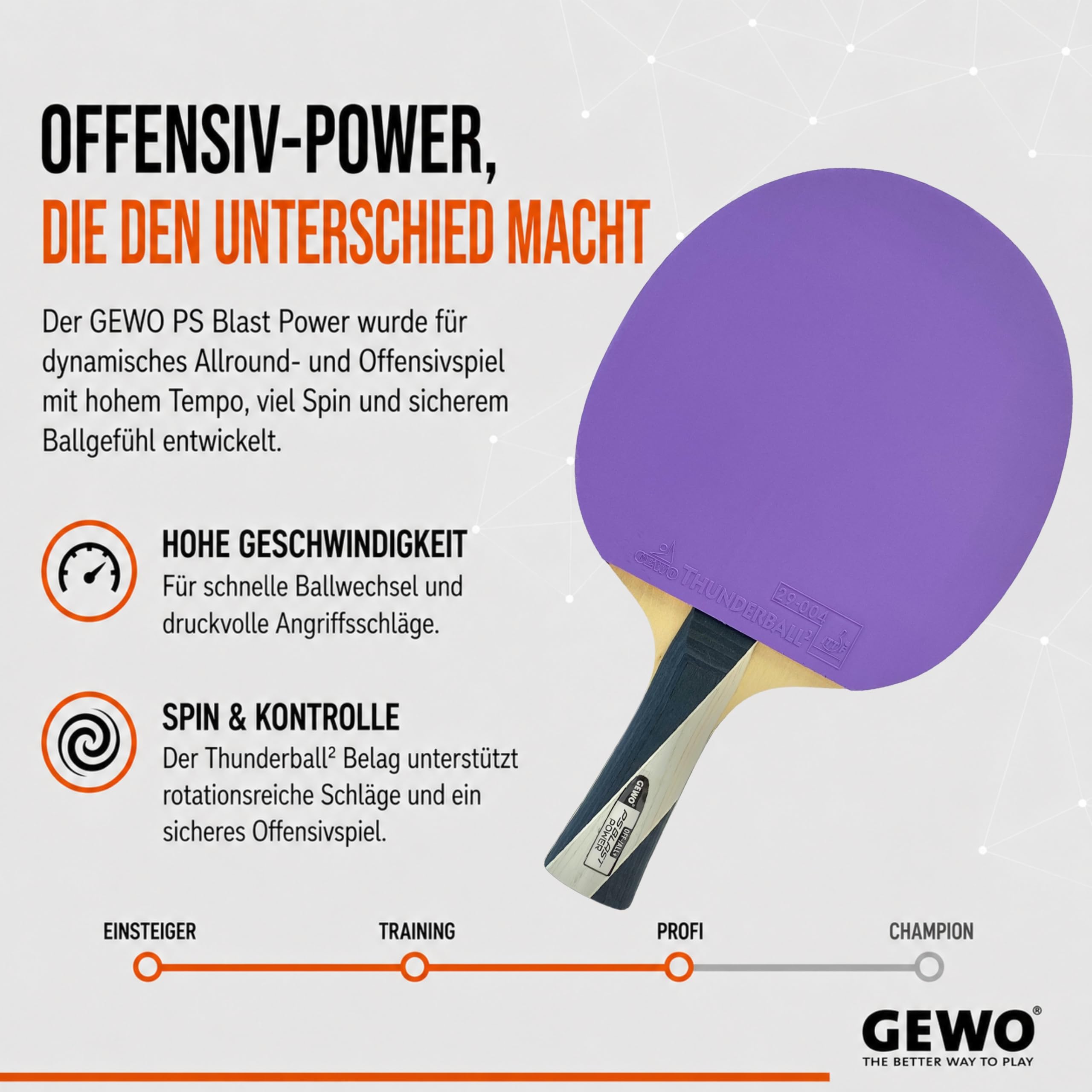 GEWO PS Blast Power rakieta do tenisa stołowego – profesjonalna rakieta do tenisa stołowego z kontrolowaną powłoką Thunderball 2 i wysokimi właściwościami obrotowymi, wklęsła, gąbka 1,8 mm