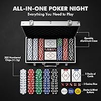 Vista 2 de Juego de fichas de póquer con denominaciones, 300 piezas de 11.5g con números, fichas de casino con 2 barajas, 5 dados y estuche compacto