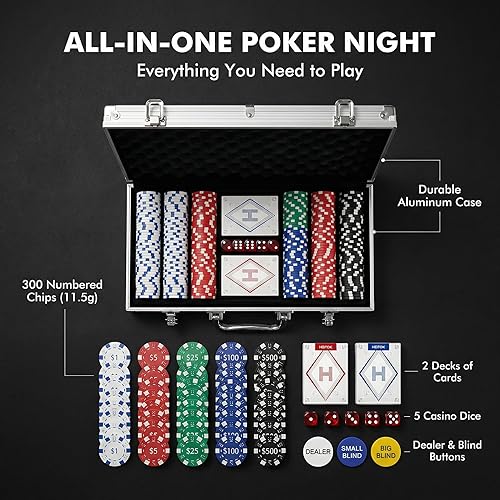 Miniatura 2 de Juego de fichas de póquer con denominaciones, 300 piezas de 11.5g con números, fichas de casino con 2 barajas, 5 dados y estuche compacto de