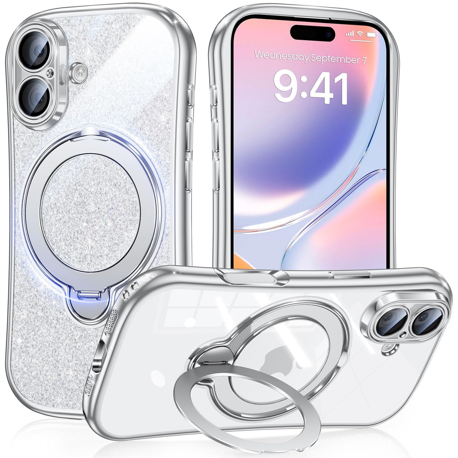 Fadkzyxr iPhone 17 用 ケース MagSafe対応 360°回転スタンド ラメ入りシール付き キラキラ 一体型レンズ保護【シルバー】