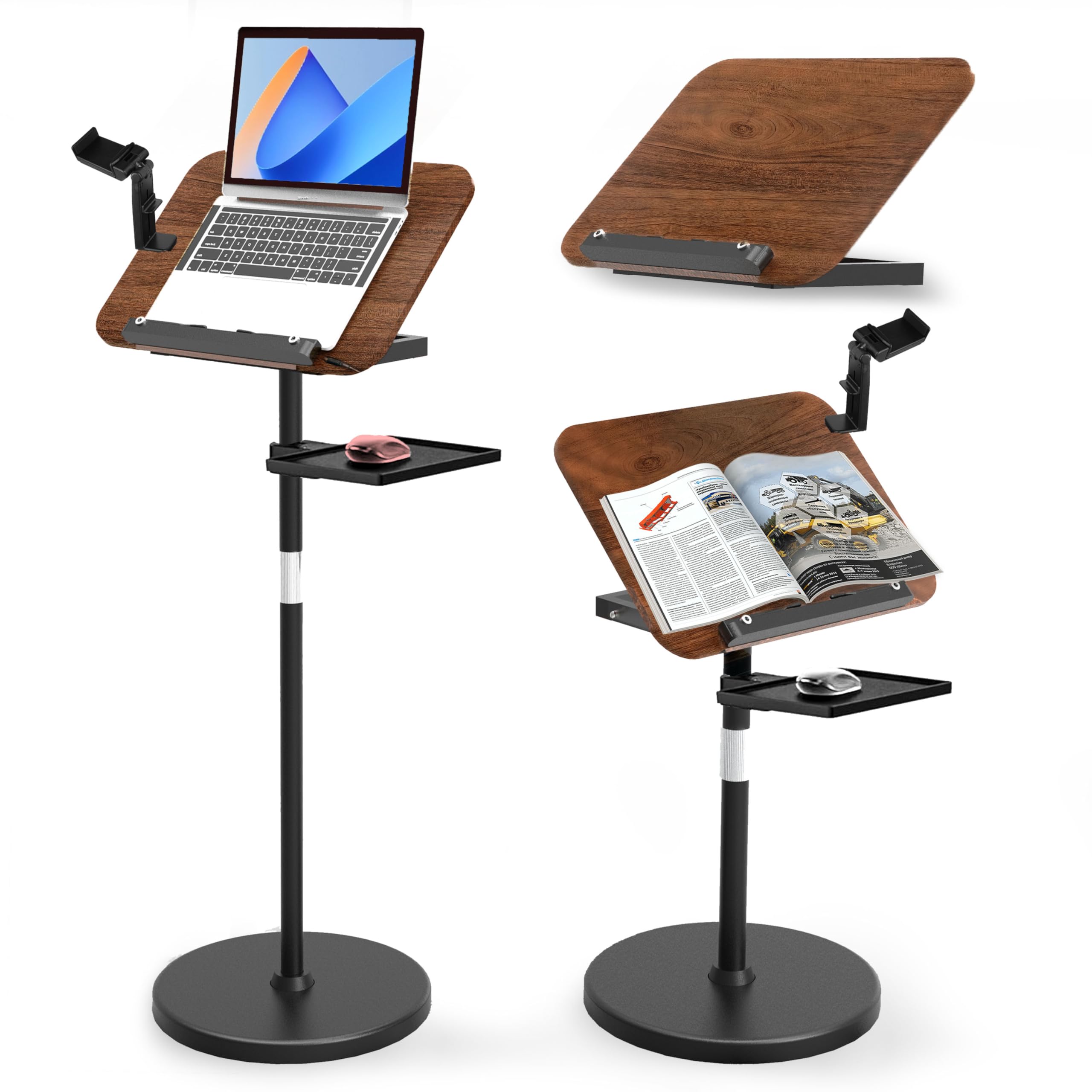 Leggio regolabile 2 in 1 per la lettura, doppio uso da tavolo e da pavimento, leggio con vassoio e fermapagina elastici per spartiti, ricette, tablet, laptop, altezza regolabile 23,5-52 pollici (Noce)