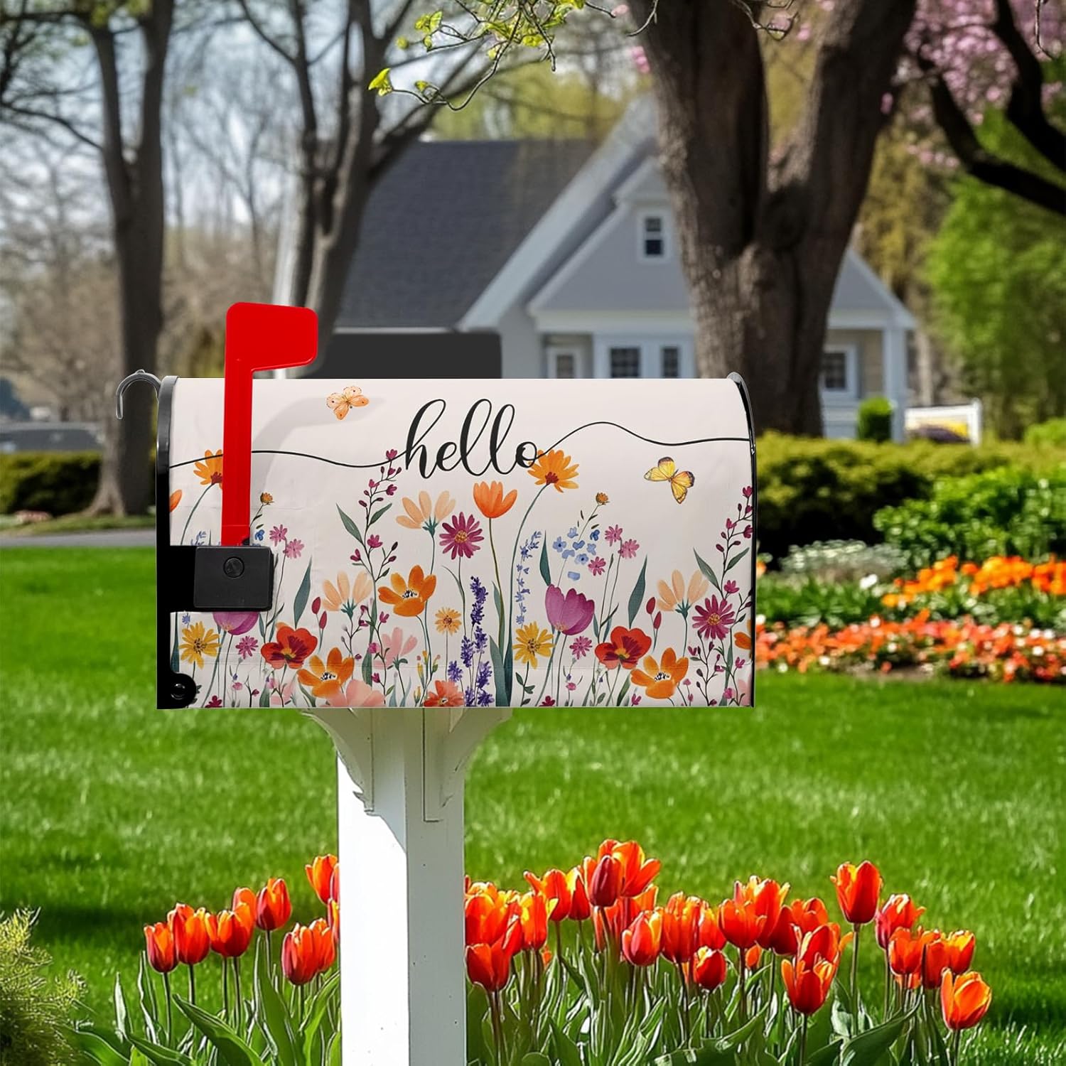 Spring Mailbox Cover Watercolor Summer Mailbox Covers Magnetic Standard Size Colorful Floral Mail Box Wrap Butterfly Decorations for Outside Garden Yard Fall Summer Autumn