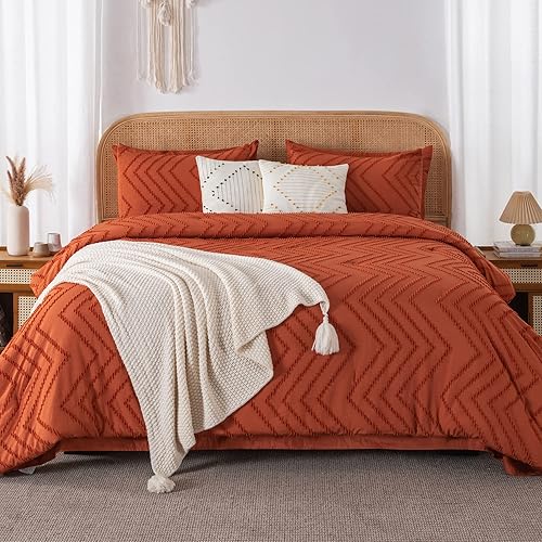 Litanika Juego de edredón tamaño Queen con sábanas naranja quemado, 7 piezas de cama en una bolsa, juego completo de ropa de cama Queen bohemio