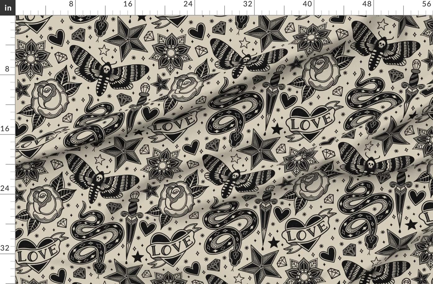 Spoonflower Fabric - Tattoo Black Beige Flower Vintage Star Diamond Rose Heart Printed on Organic Cotton Sateen Fabric by The Yard - Sewing Quilting Apparel Home Decor