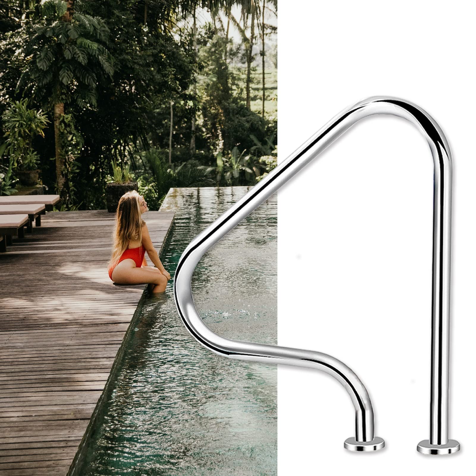 Swimming Pool Safety Hand Rail Pool Safety Handrail, Stainless Steel Handrail for Inground Swimming Pool, Silver Pools Railing, Curved Spa Grab Bar, 350 Lbs Load Capacity with Accessories