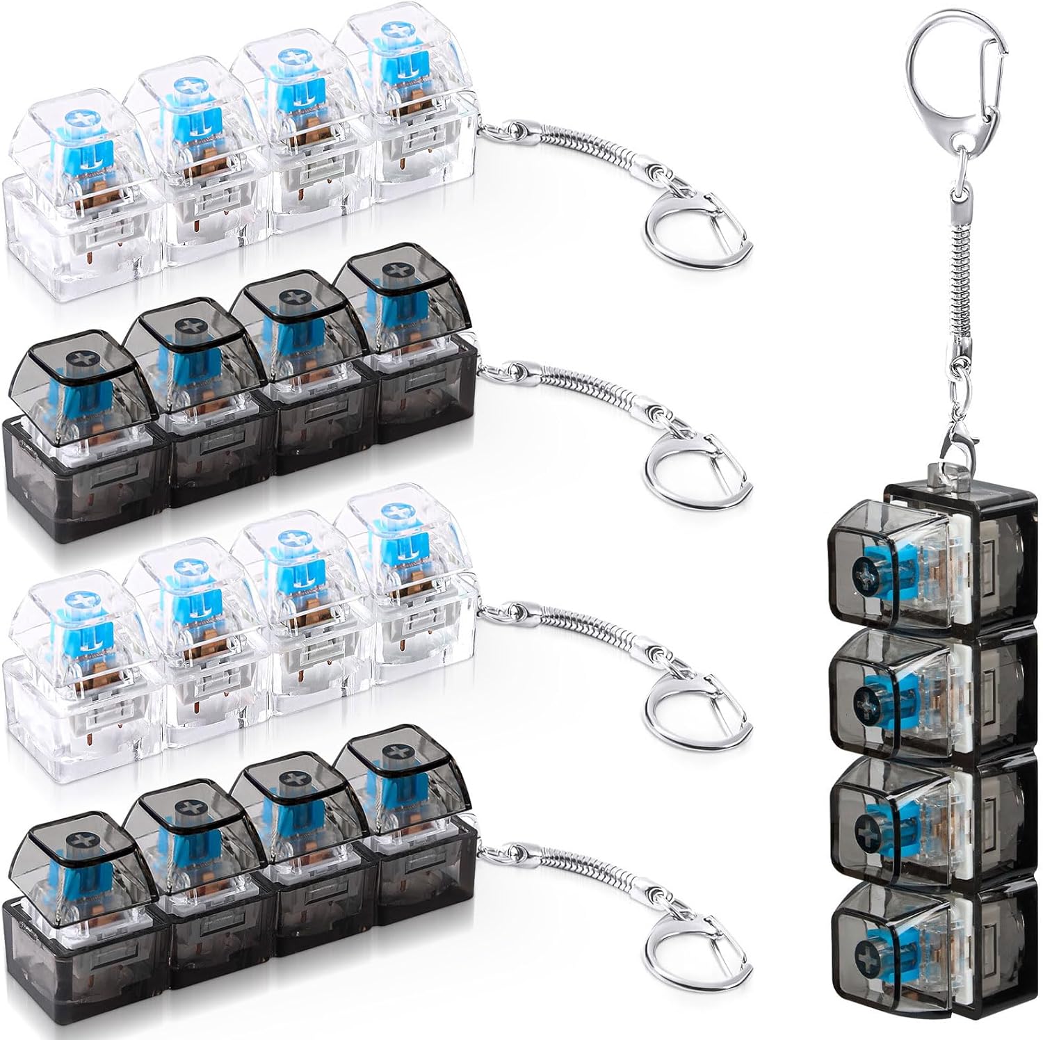 Halloscume 4 Pcs Keyboard Adult Fidget Toy Clicker Toy 4-in-1 Keyboard Fidget Keychain Cube Mechanical Key Button Clicker Stress Relief Gift for Office School Home to Pass The Time (Solid Colors)