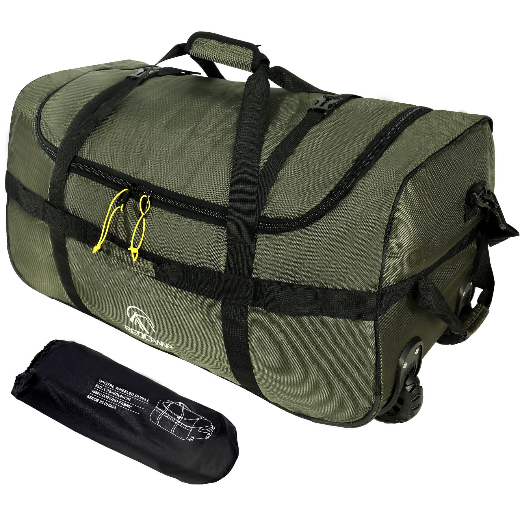 REDCAMP 120L Extra Large Holdall with Wheels, Foldable Wheeled Duffle Bag Travel Bag,Lightweight Waterproof Soft Suitcase Luggage with Rollers for Camping Sports Outdoor, Army Green