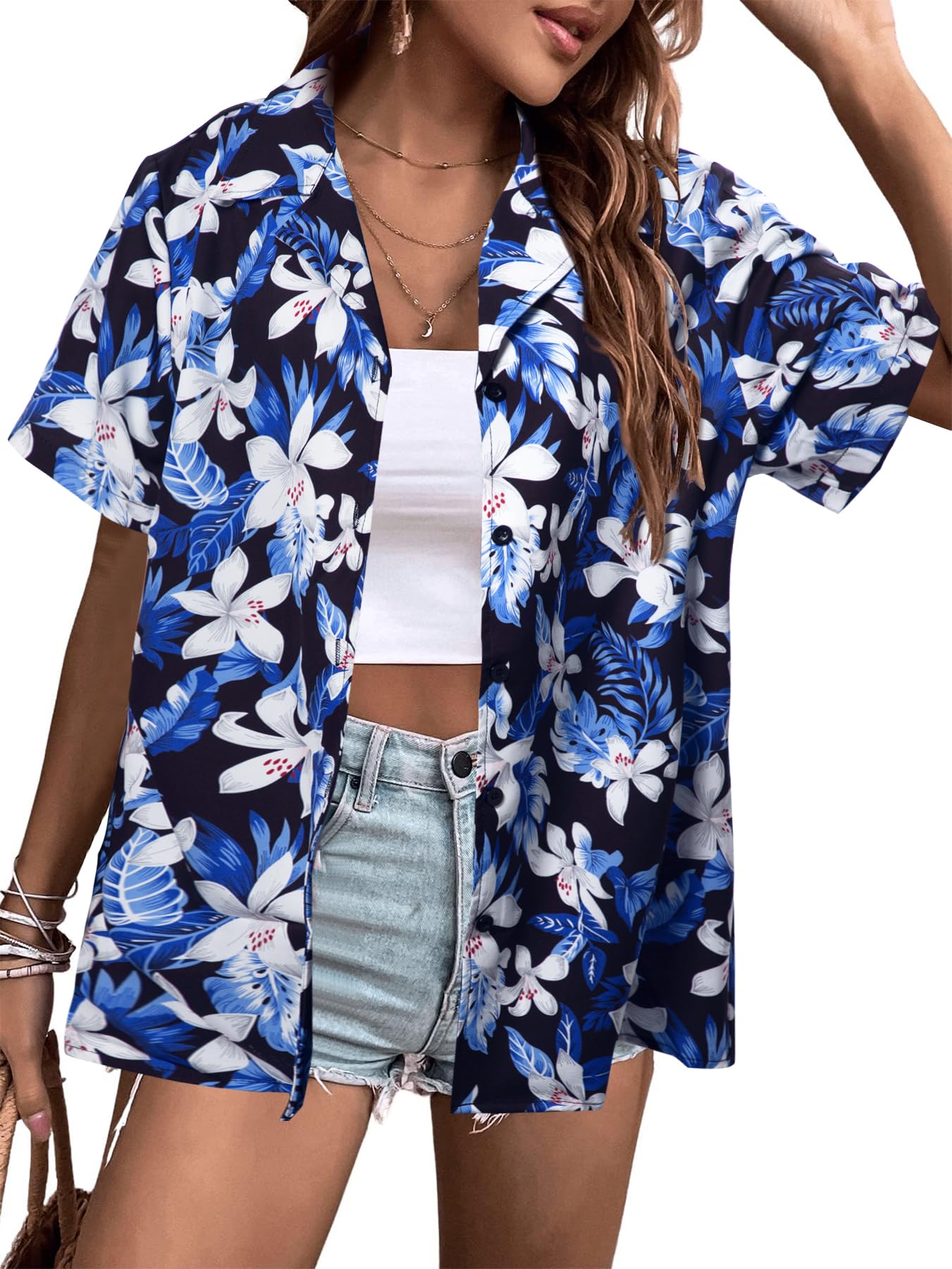 FAYALEQ Womens Summer Hawaiian Shirts Soft Cool Floral Tropical Print T-Shirt Button Down V Neck Short Sleeve Tee Tops