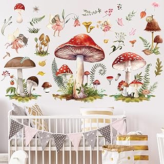 Fairy Wall Stickers Decor - Mushroom Wall Decals Flower Wall Sticker Removable Floral Wall Murals Peel and Stick for Girls Kids Bedroom Nursery Playroom Bathroom Living Room Wall Decor
