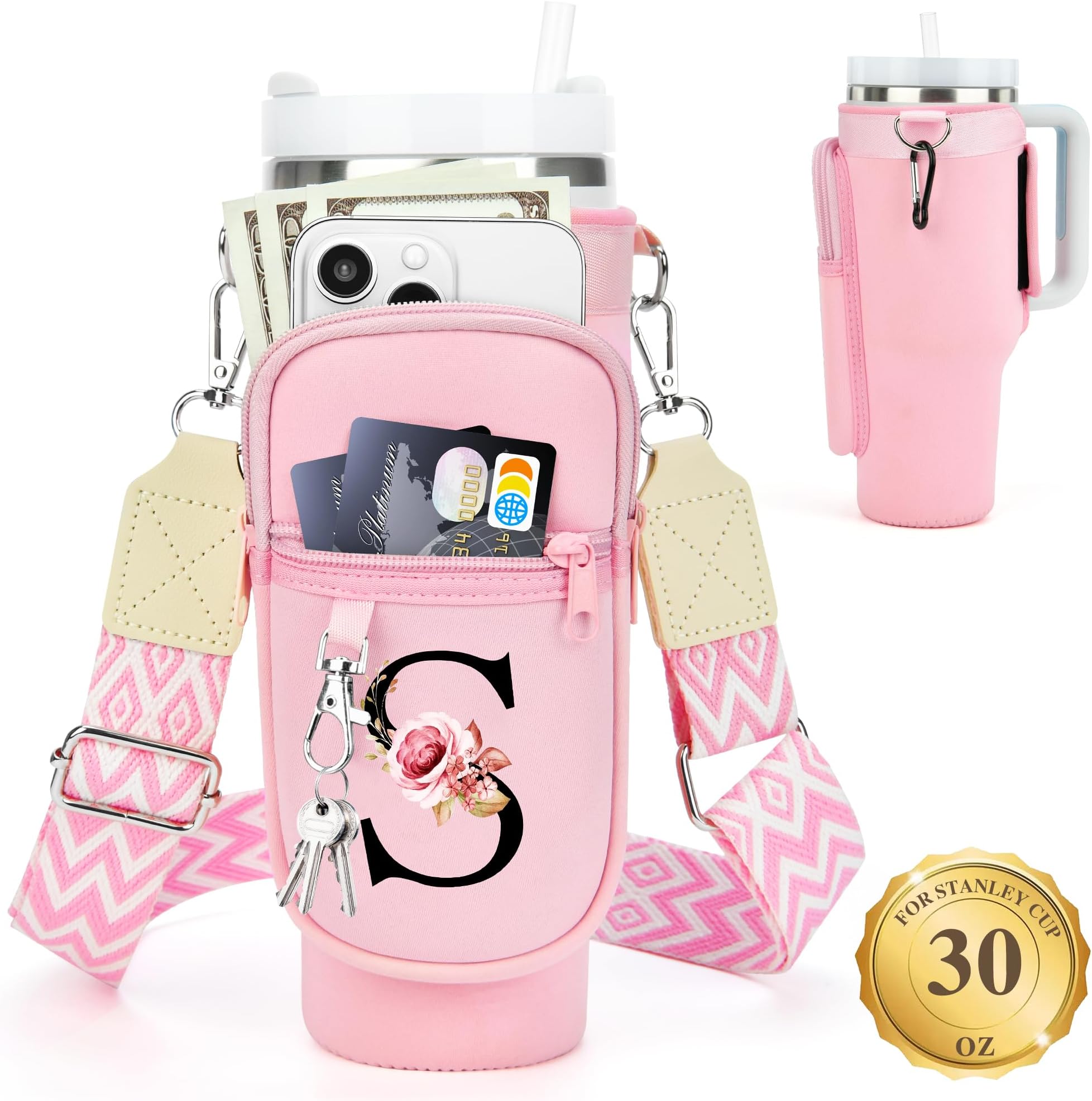 LOKASS Personalized for Stanley Cup Accessories 30oz, Initial Stanley Cup Holder with Strap, Cup Carrier Bag Water Bottle Holder with Phone Pocket Gifts for Women, Girls, Mom Travel, Walking,Work