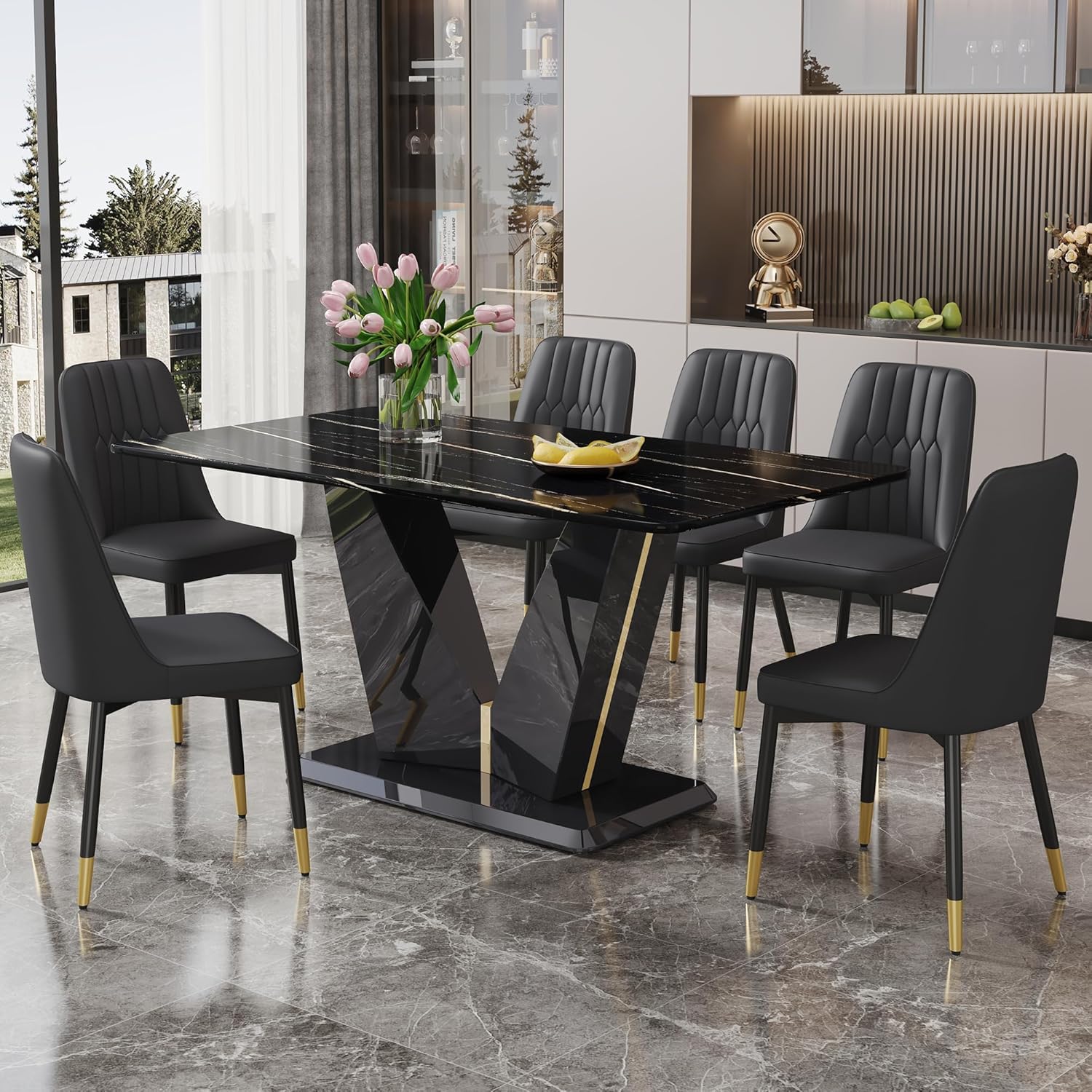 Amazon.com - Modern Dining Table Set for 6,7 Piece Dining Table Set,63 ...