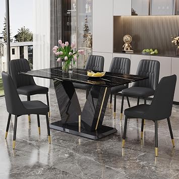 Modern Dining Table Set for 6,7 Piece Dining Table Set,63" Rectangle Modern Kitchen Table Chairs Set for 6,Black Dining Room Table Set for 6 PU Leather Chairs for Kitchen,Juego De Comedor De 6 Sillas