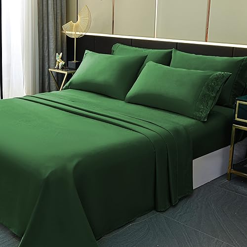 LONAVA Full Size Sheets Set - 6 Piece Set Wrinkle Free Hotel Luxury Oeko-TEX Sheets and Pillowcases Set, Silky Soft Microfiber Bed Sheets, Breathable and Elastic, 16-Inch Deep Pockets, Dark Green