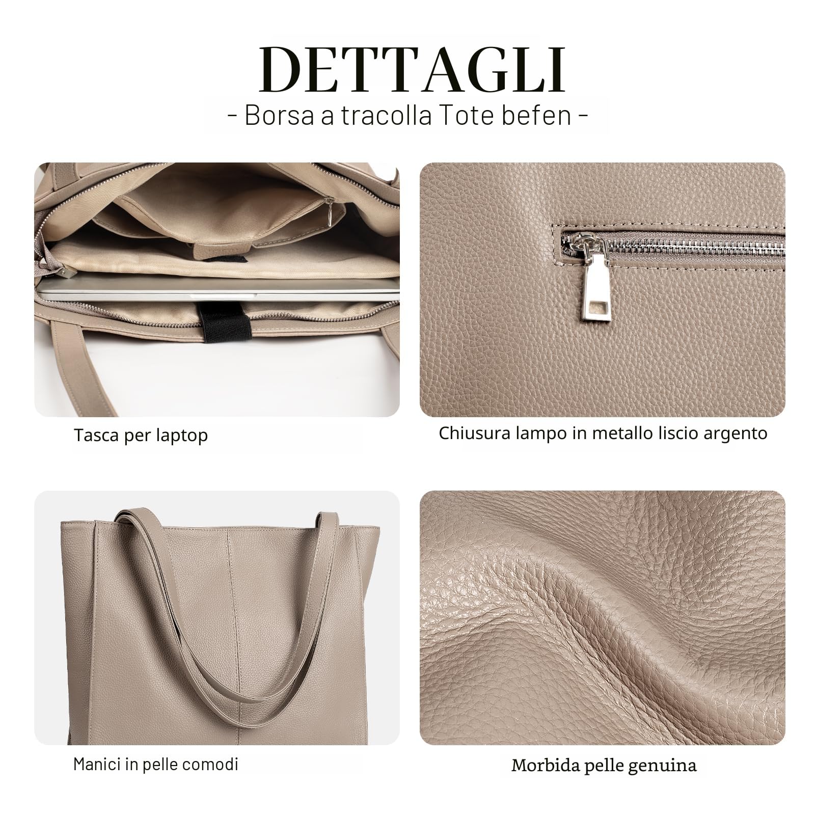 befen Borsa a tracolla in vera pelle da donna, grande, per computer portatile, con tasche multiple