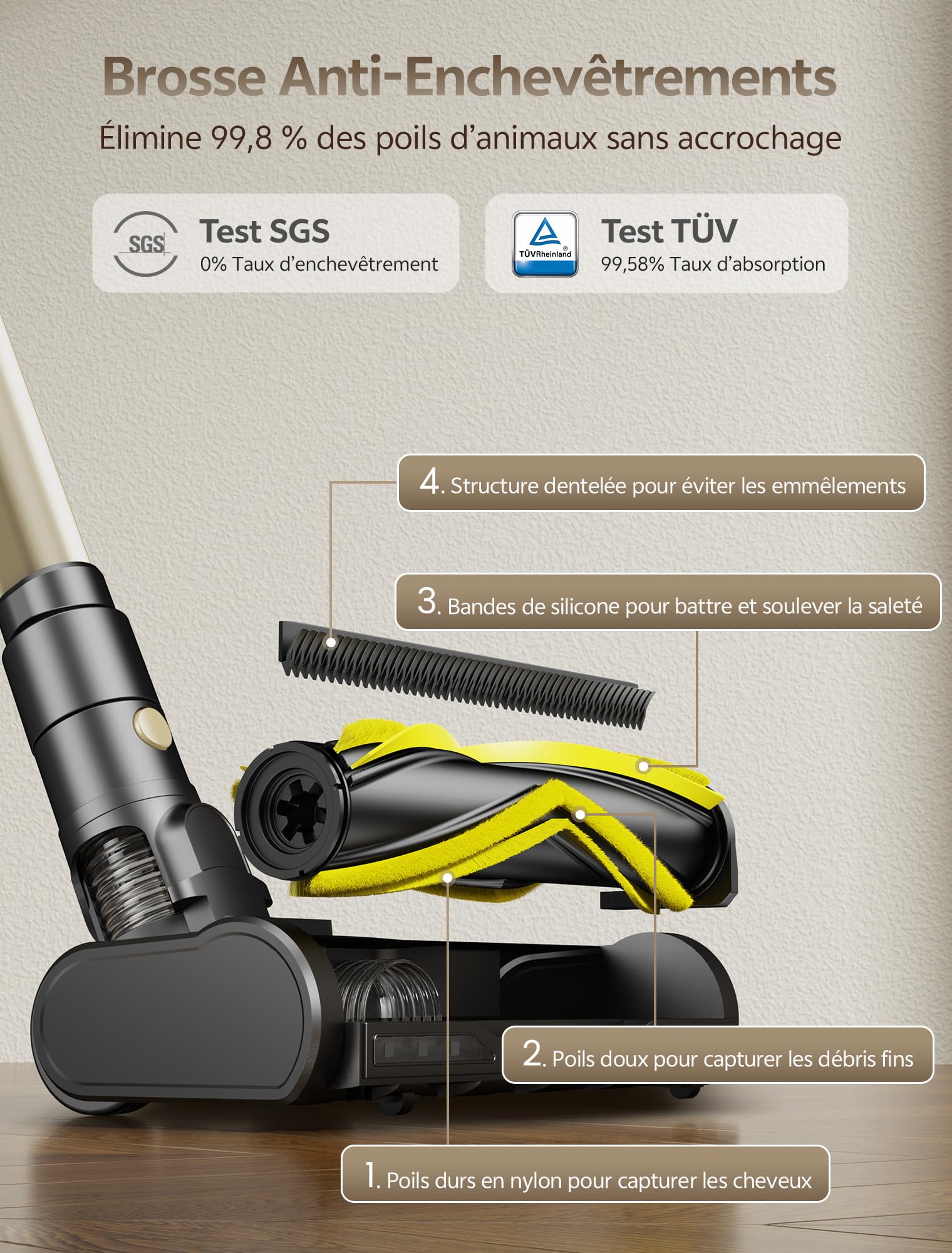 Ultenic Aspirateur Balai sans Fil, 50Kpa/65Min Aspirateur sans Fil Puissant, Tige Télescopique Réglable, Design Autoportant, GreenEye Détection, Idéal pour Sols Durs, Poils d'animaux