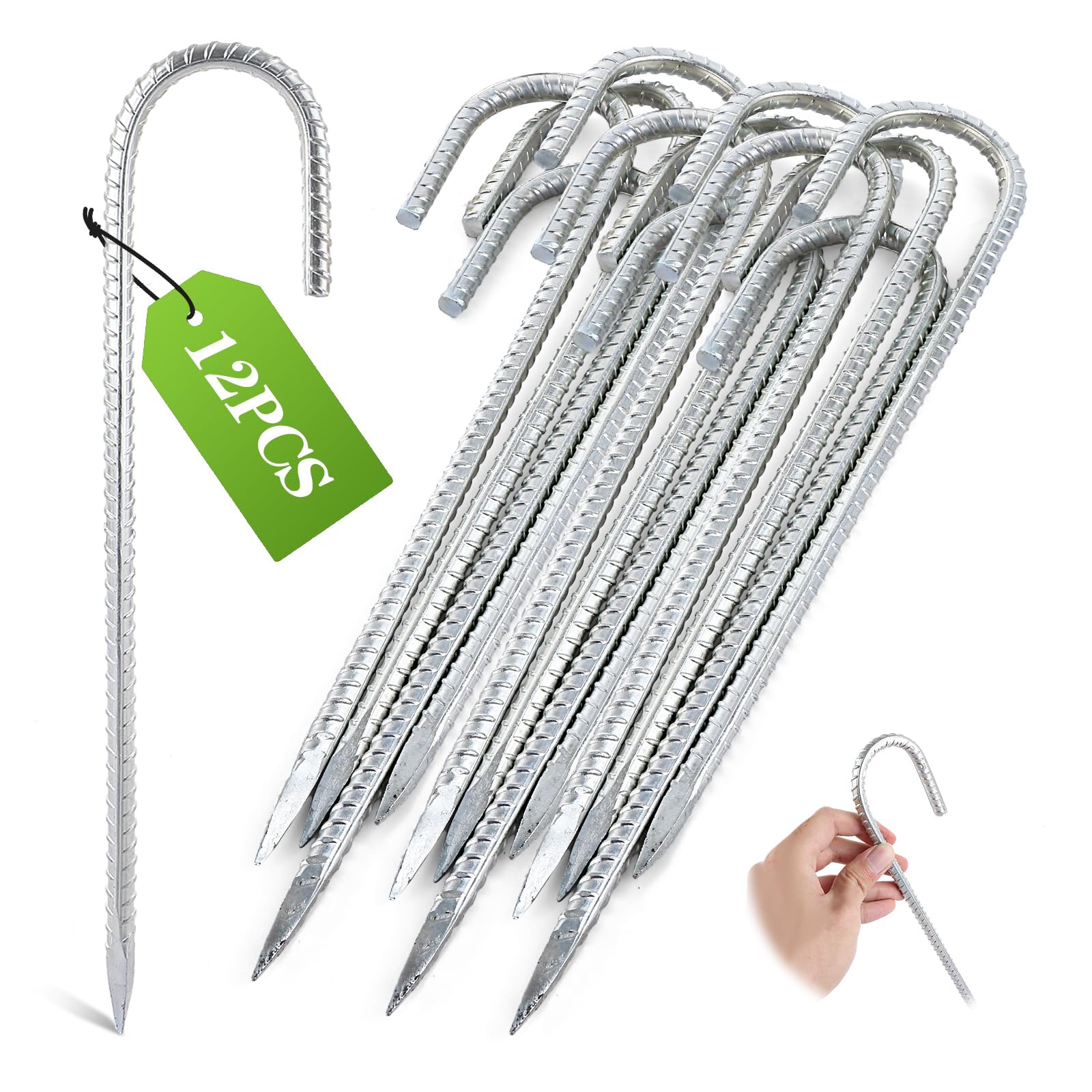 Lot de 12 piquets de tente robustes, 8 mm x 30 cm, piquets de sol en métal, piquets d'ancrage nervurés en J pour jardin, clôture, trampoline, chapiteau, tonnelle, camping