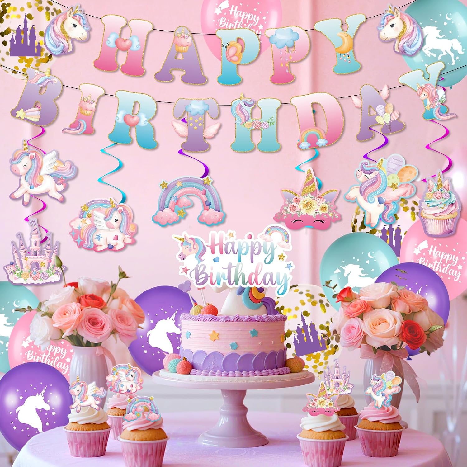 Happy Birthday Decorations Macaron Birthday Banner for Girls Purple Pink Balloons Hanging Swirls Cupcake Toppers Pink Party Decorations Girls 5th Bday Baby Shower Supplies