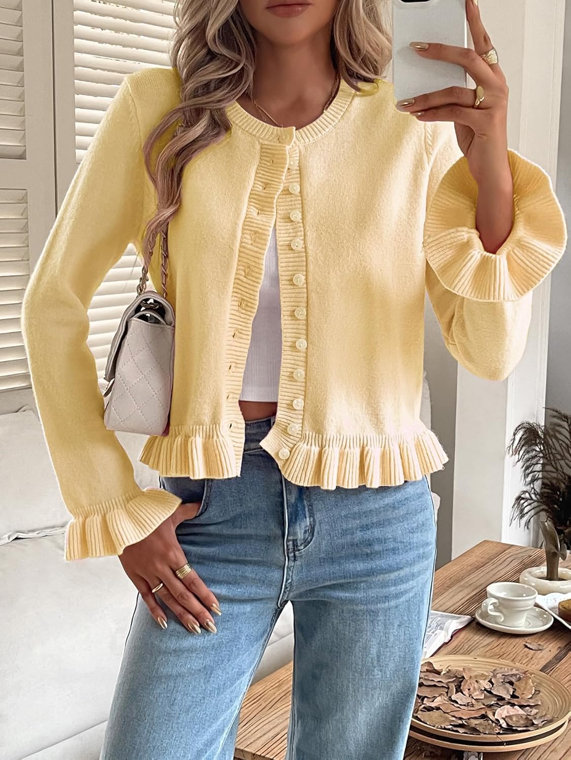 Women's Ruffle Trim Knitted Cardigan Botton Up Long Sleeve Crop Sweater Tops 2026 Y2k Fashion Fall Outfits