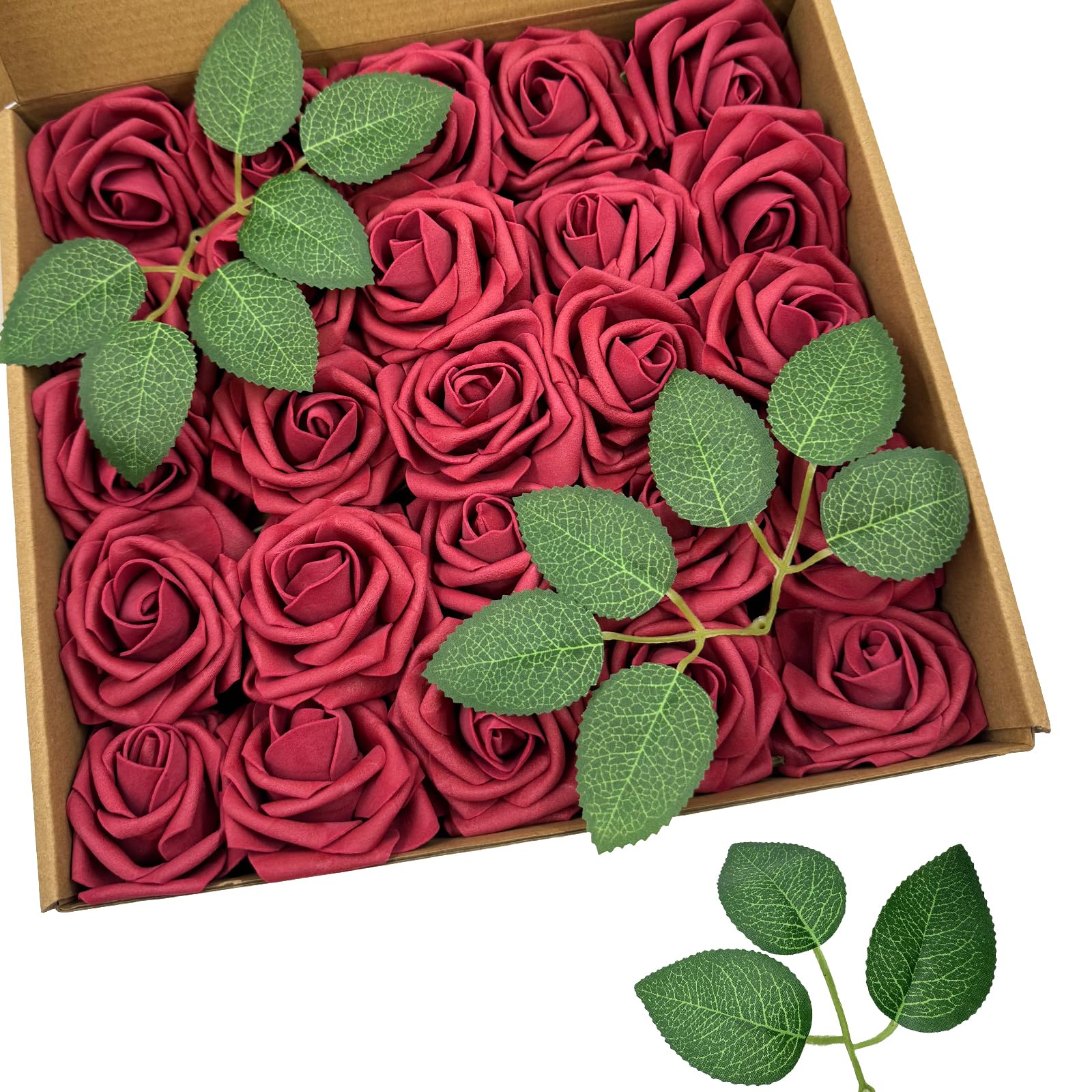 BOVUN 25 PCS Red Artificial Roses Real-Touch Foam Flowers with Flexible Stems Lifelike Roses for DIY Crafts, Bridal Bouquets, Centrepieces, Parties and Home Decoration (RED)