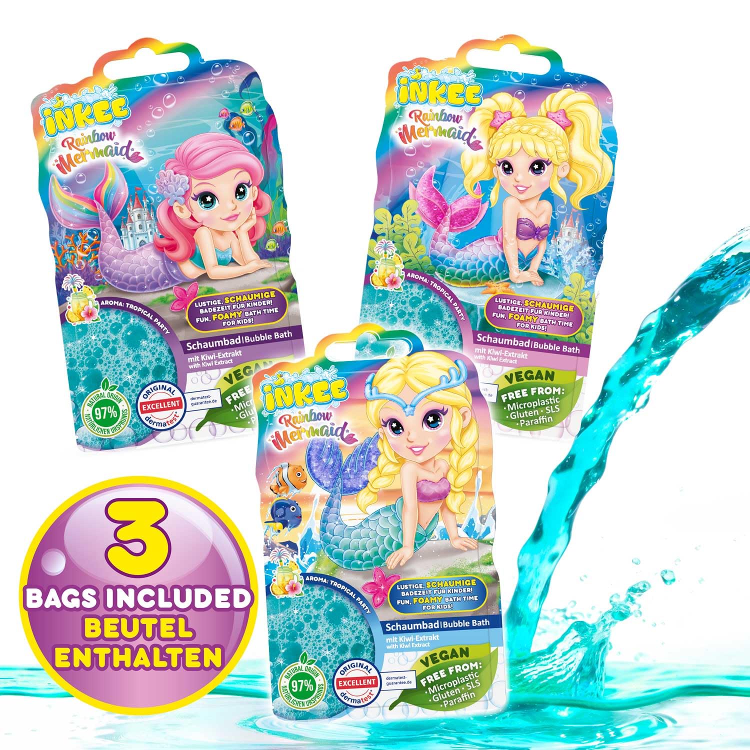 INKEE Bubble Bath Sirena Arcoíris Pack 3 – Espuma de Baño para Niños con Aroma Tropical, Espuma Turquesa para la Bañera, Aditivo de Baño Infantil 3x 40ml