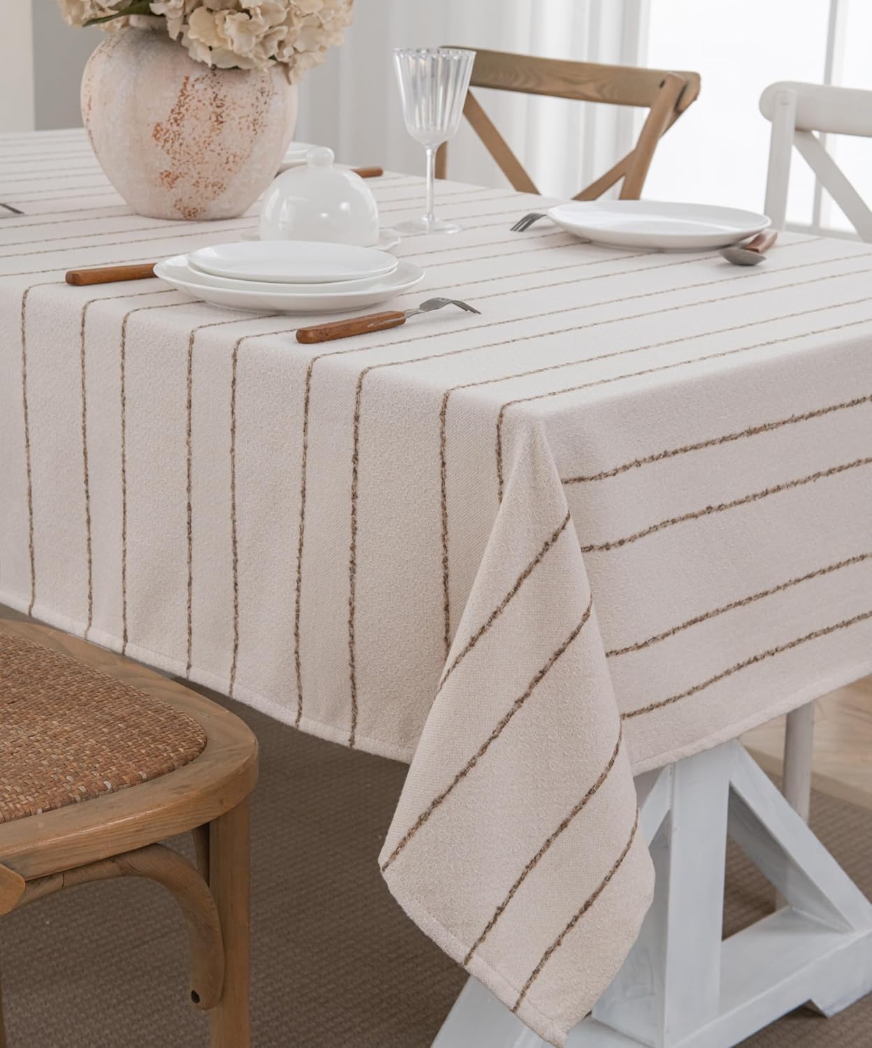 Caflife Beige Rectangle Tablecloth 55x86 Inch, Cotton Linen Polyester Blend Stripes Table Cloth, Farmhouse Boho Decorative Table Cover for Dining Room Party Buffet Home Kitchen Table Decor