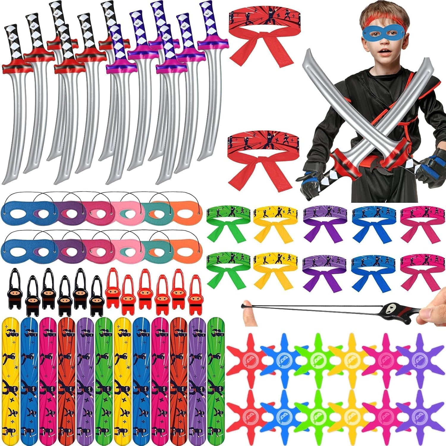 ZOIIWA 72Pcs Karate Party Favors Include Inflatable Sword Headbands Colorful Karate Party Decorations Karate Slap Bracelets Eye Mask Costume Accessories Gift Set Birthday Supplies
