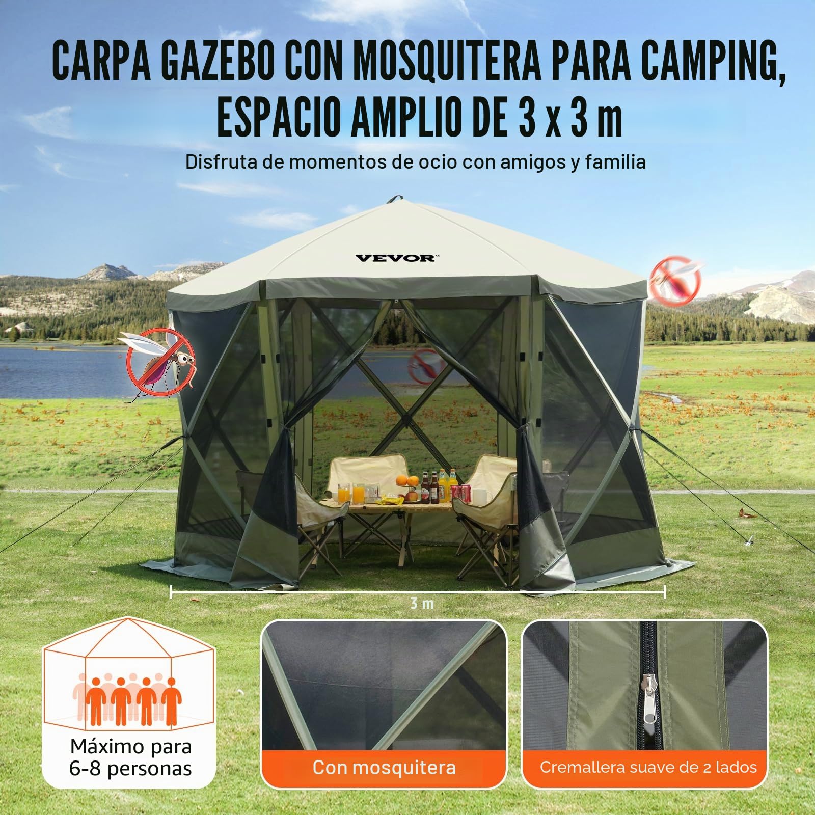 VEVOR Carpa Plegable para Cenador 6 Lados con Mosquitera y Paños de Viento 3,05 x 3,05 x 2,29 m Verde Marrón