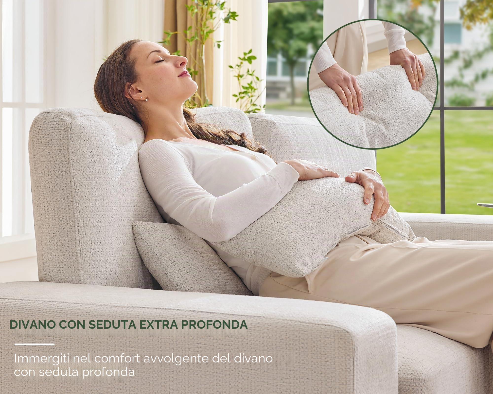 LUXOAK Divano a 3 posti da 220 cm con profondità di seduta di 59 cm, divano moderno con braccioli larghi, facile da montare, ideale per soggiorno, camera da letto o sala giochi, ciniglia beige