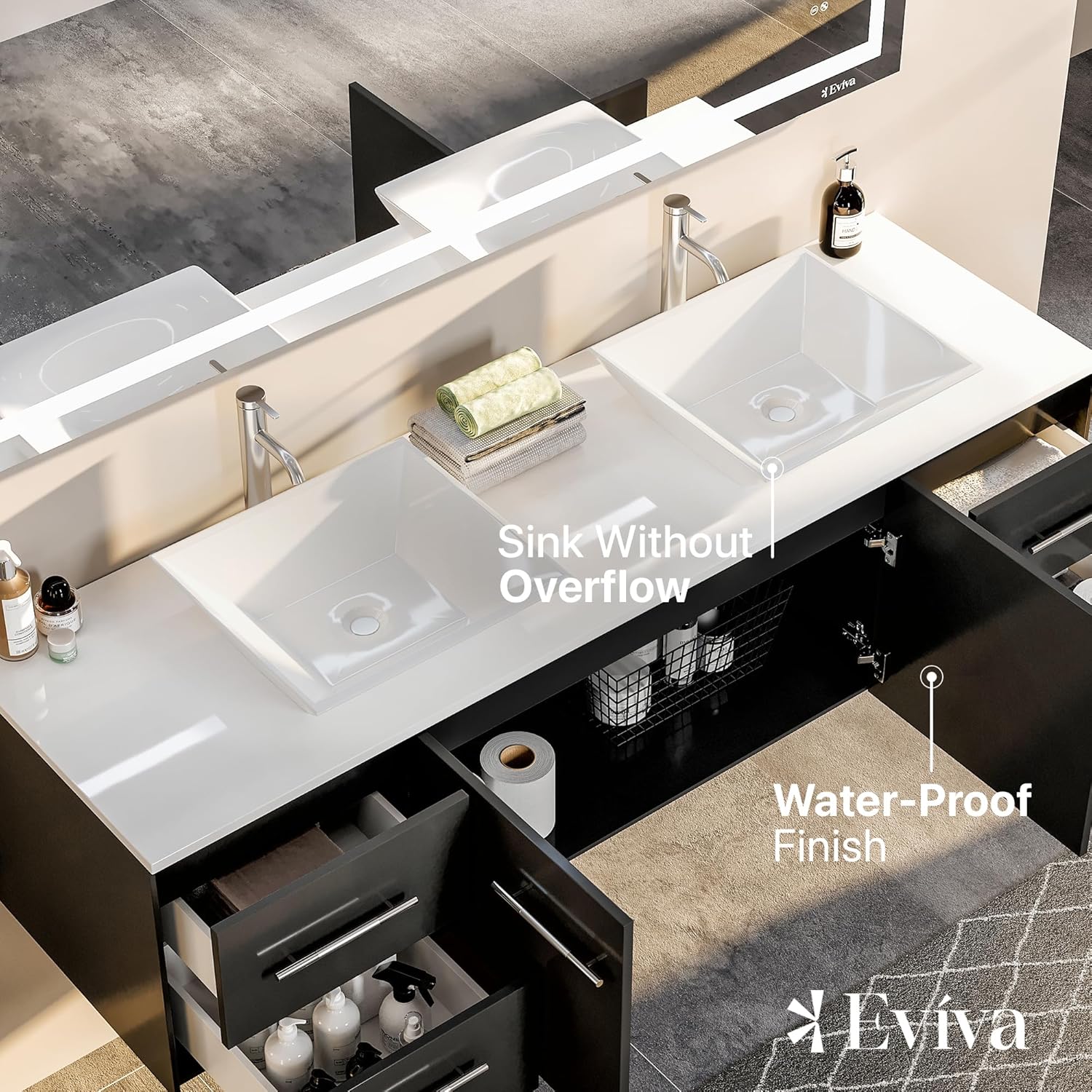 Totti Wave 72 inch Espresso Modern Double Sink Bathroom Vanity with White Glassos Countertop & Porcelain Vessel Sinks