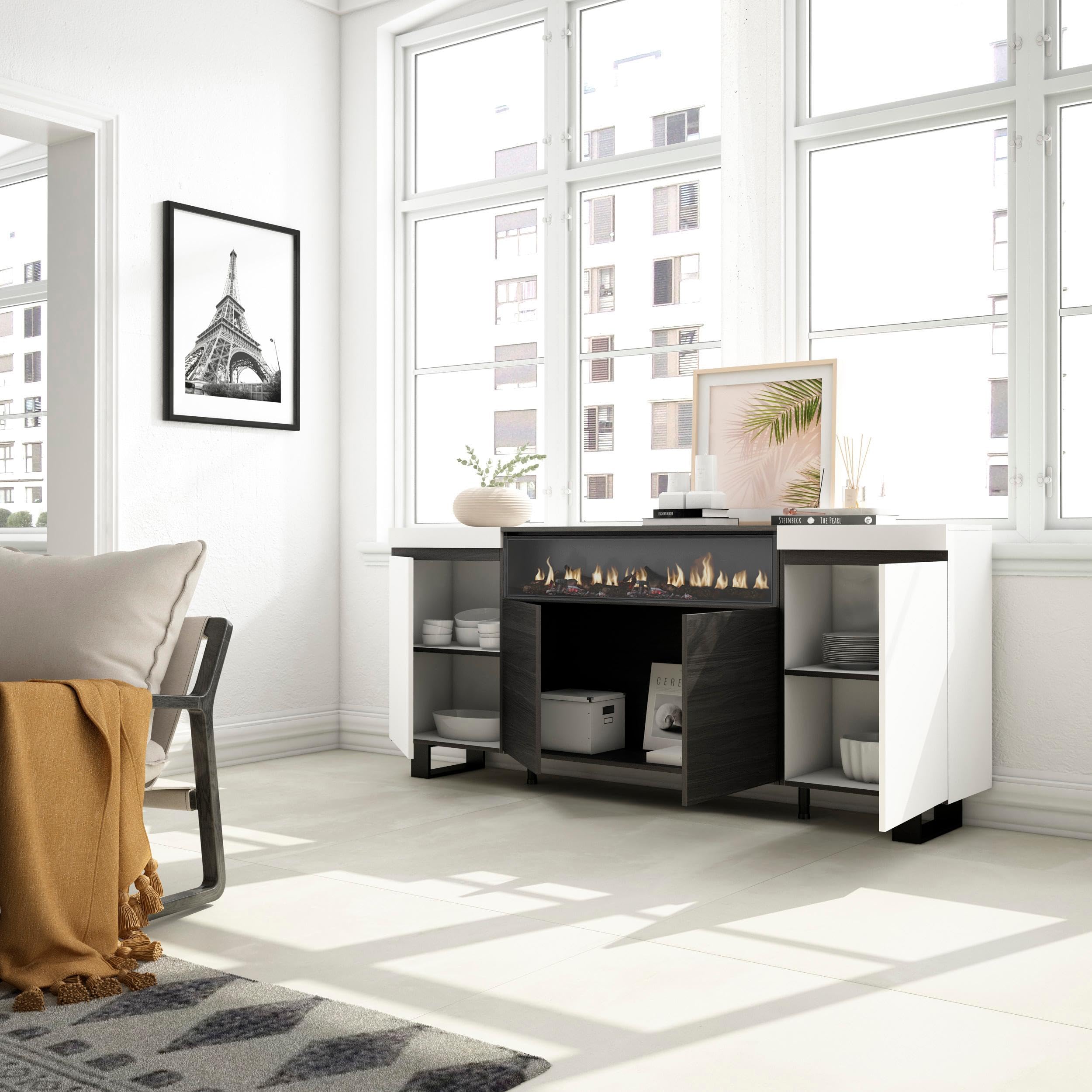 Skraut Home | Buffet Salon et Cuisine | Meuble de Rangement, Commode | 200x87x35cm | 4 Portes | Cheminée électrique | Design Industriel | Style Moderne | Blanc et Noir