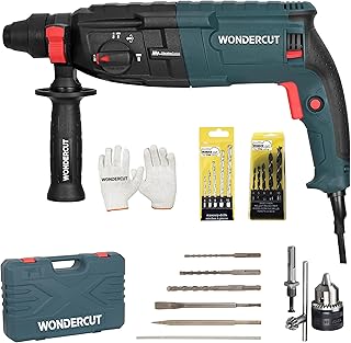 WONDERCUT WC-RH-26-B Electric Rotary Hammer 26mm,1600W,1100RPM Copper Armature,5 Functions with Vibration Control with Bmc Box,1 Metal Depth Gauge,13mm Drill Chuck Set,Gloves,5 Masonary Bit,5 Wood Bit