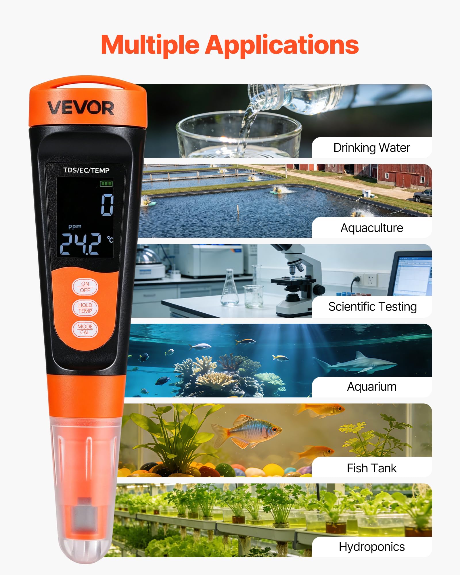 VEVOR Tester TDS, multiparametryczny pomiar EC/TDS 0-9990 str./min, cyfrowy tester jakości wody z ATC i przezroczystym wyświetlaczem VA, do wody pitnej, akwarium, basenu i hydroponiki, przenośny