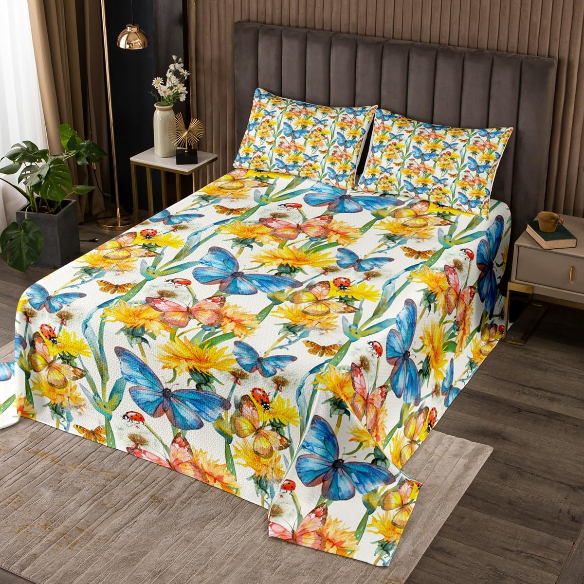 Dandelion Bedspread Twin Size,Yellow Flowers Rustic Nature Style Bedding Set 2pcs for Kids Teens Living Room Decor,Butterfly Ladybug Animal Quilted Coverlet Soft Breathable with 1 Pillowcase