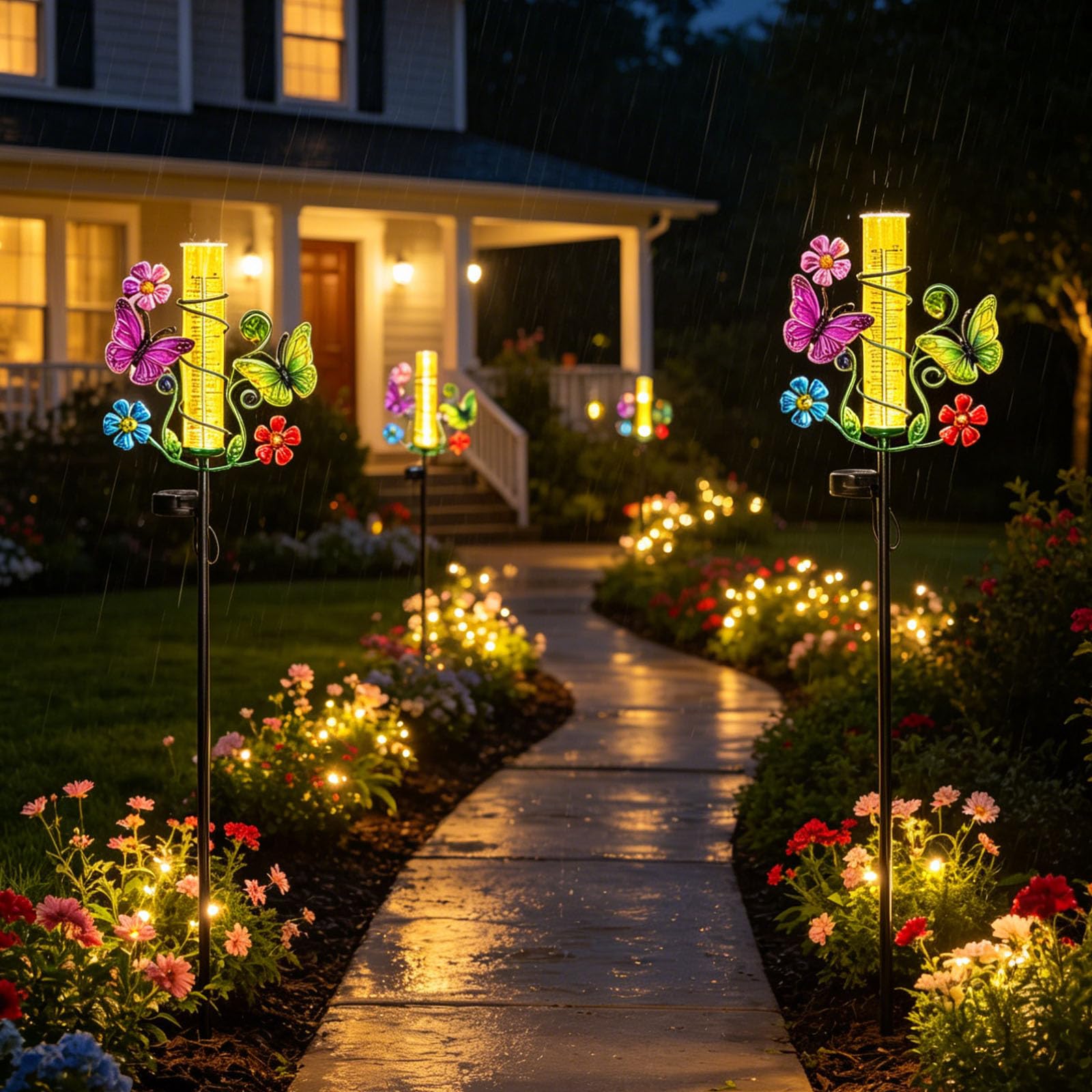 Pluviomètre papillon avec tube en plastique de 15,2 cm, jauge de pluie précise pour l'extérieur avec lampes solaires LED, outil de mesure de pluie pour jardin, pelouse, terrasse