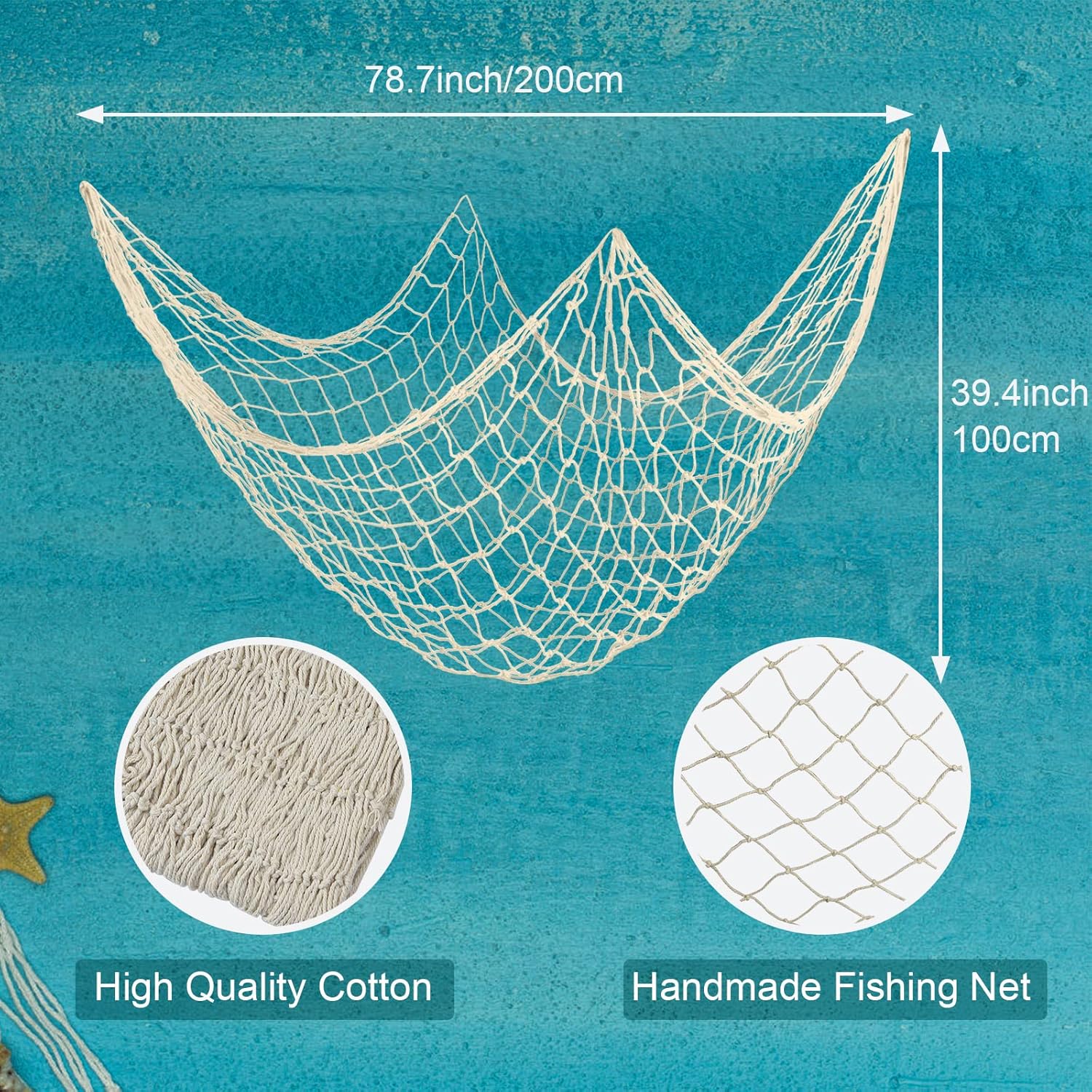 12 Pieces Natural Fish Net Decoration 80" x 40", Wall Hanging Cotton Fishnet Decor for Underwater, Mermaid, Pirate, Hawaiian, Nautical Ocean Theme Beach Bash Party Decoration (Beige)