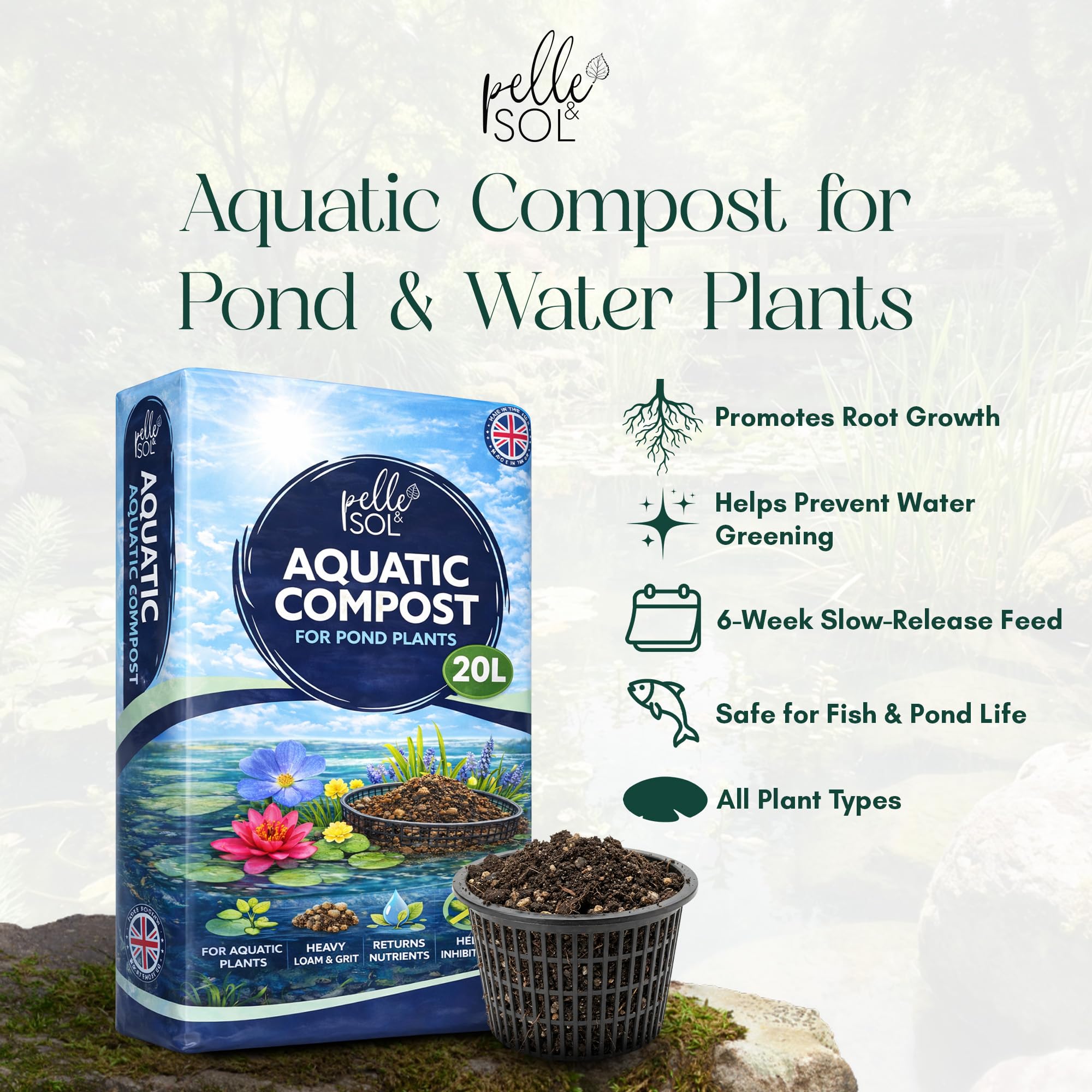 Pelle & Sol 20L Aquatic Compost for Pond Plants – Loam & Grit Aquatic Soil, Nutrient-Rich Feed for Submerged, Floating & Marginal Plants, Garden Compost for Outdoor Use - 2