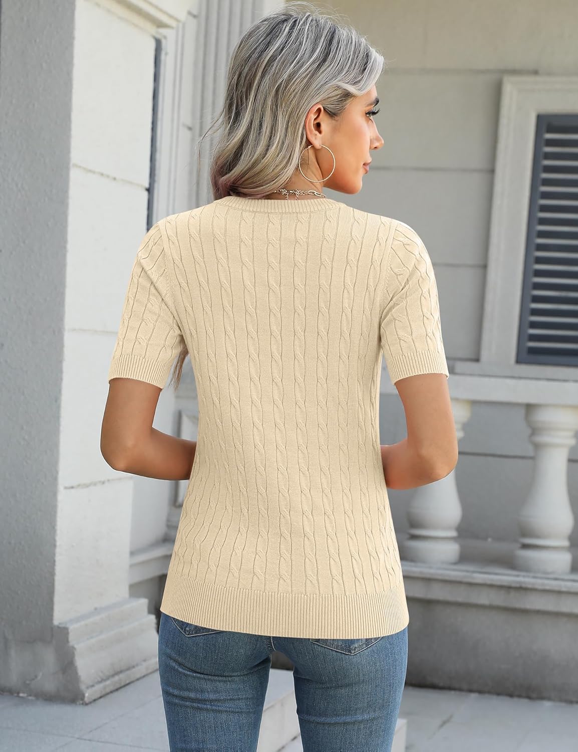 Micoson Womens Short Sleeve Cable Knit Sweater Tops Crewneck Lightweight Spring Summer Shirts Business Dressy Casual Outfits - Image 3