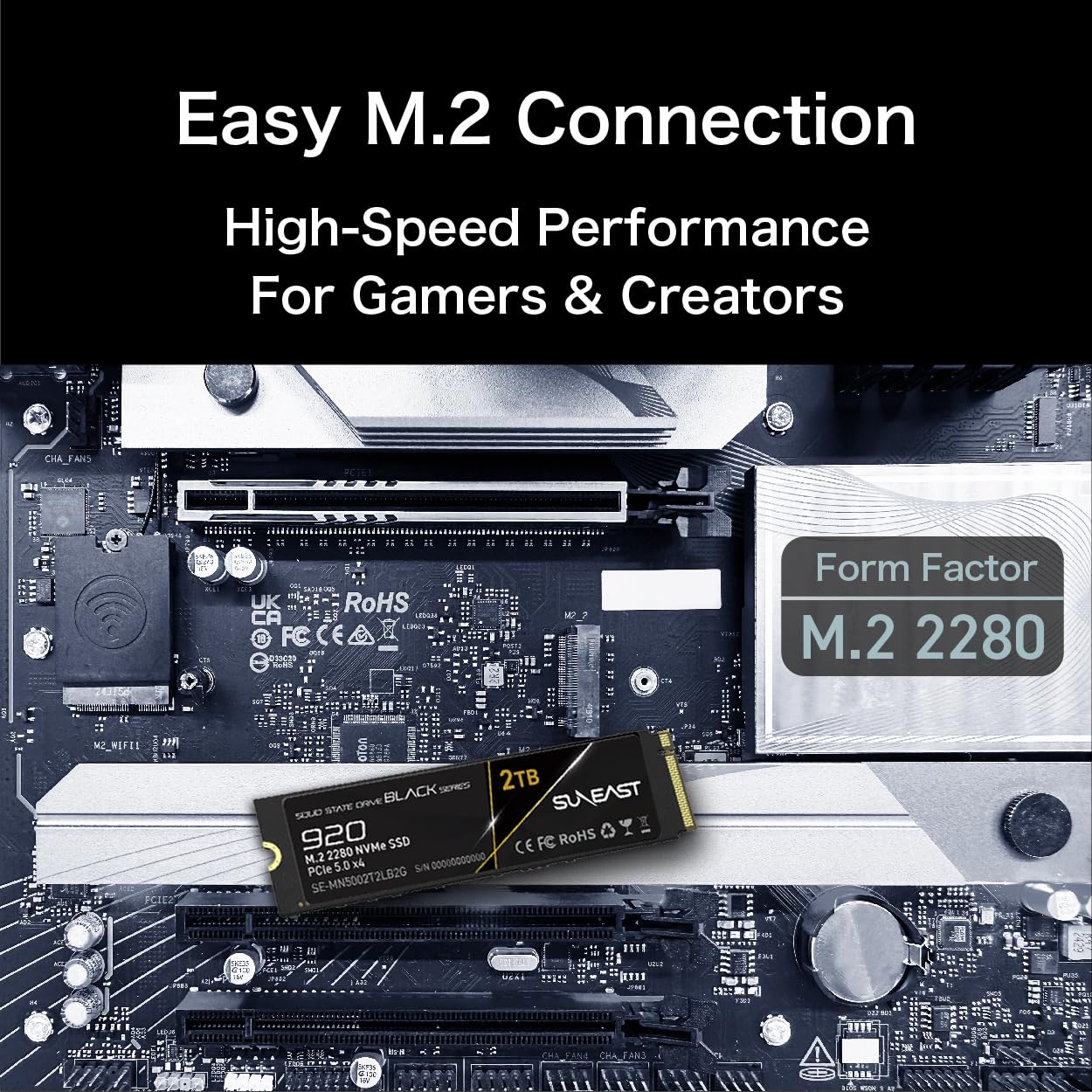 SUNEAST Black Series SSD, 2To, PCIe 5.0x4 M.2 2280 NVMe, Lecture : 14,800 Mo/s, Écriture : 12,800 Mo/s, pour l'informatique haute performance, le gaming et les stations de travail pour IA