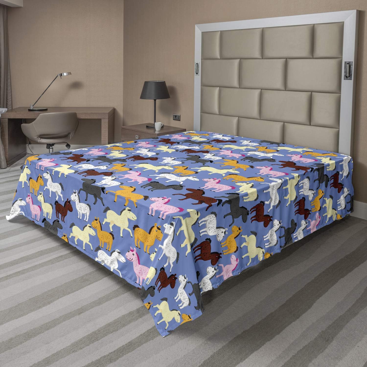 Ambesonne Cartoon Flat Sheet, Colorful Funny Horses Pony Zoo Animals Unicorn Theme Art, Soft Comfortable Top Sheet Decorative Bedding 1 Piece, Queen Size, Ceil Blue Multicolor