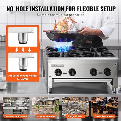 Miniatura 6 de VEVOR Estufa de gas comercial con 4 quemadores, estufa de cocina de propano y gas natural, placa caliente de gas de acero inoxidable, equipo de