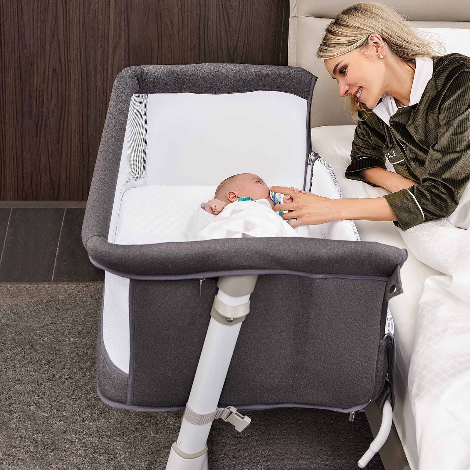 RONBEI Baby Bassinet, Bedside Sleeper,Babies Crib Bed, Adjustable Portable Bed for Infant/Baby Boy/Baby Girl/Newborn (Dark Grey)
