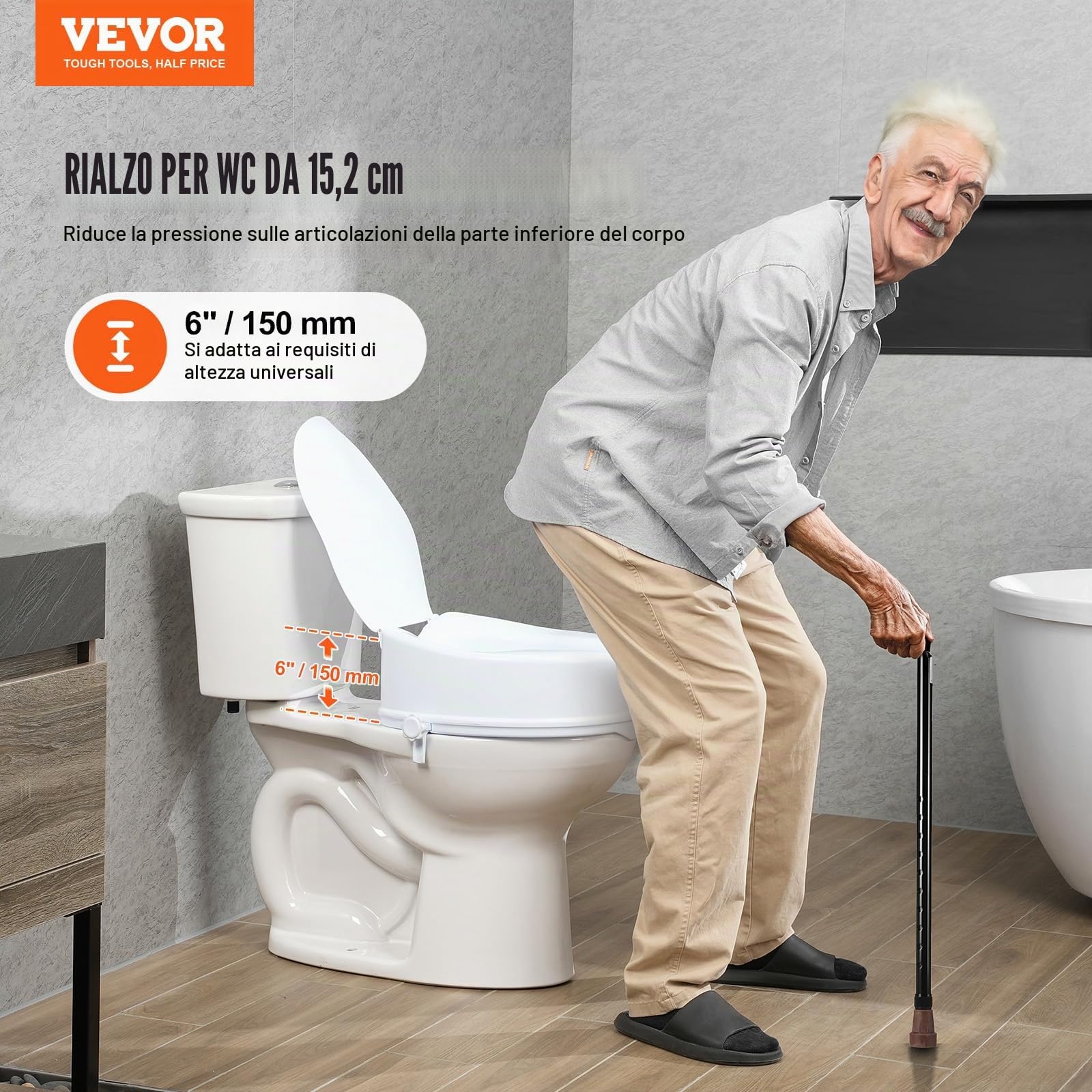 VEVOR Rialzo WC Universale Alto 150 mm, Sedile WC Rialzato Carico 136 kg, Realizzato in PP Resistente, Blocco con Asta a Vite, per Anziani, Disabili, Pazienti, Incinte, Accessori per Bagno