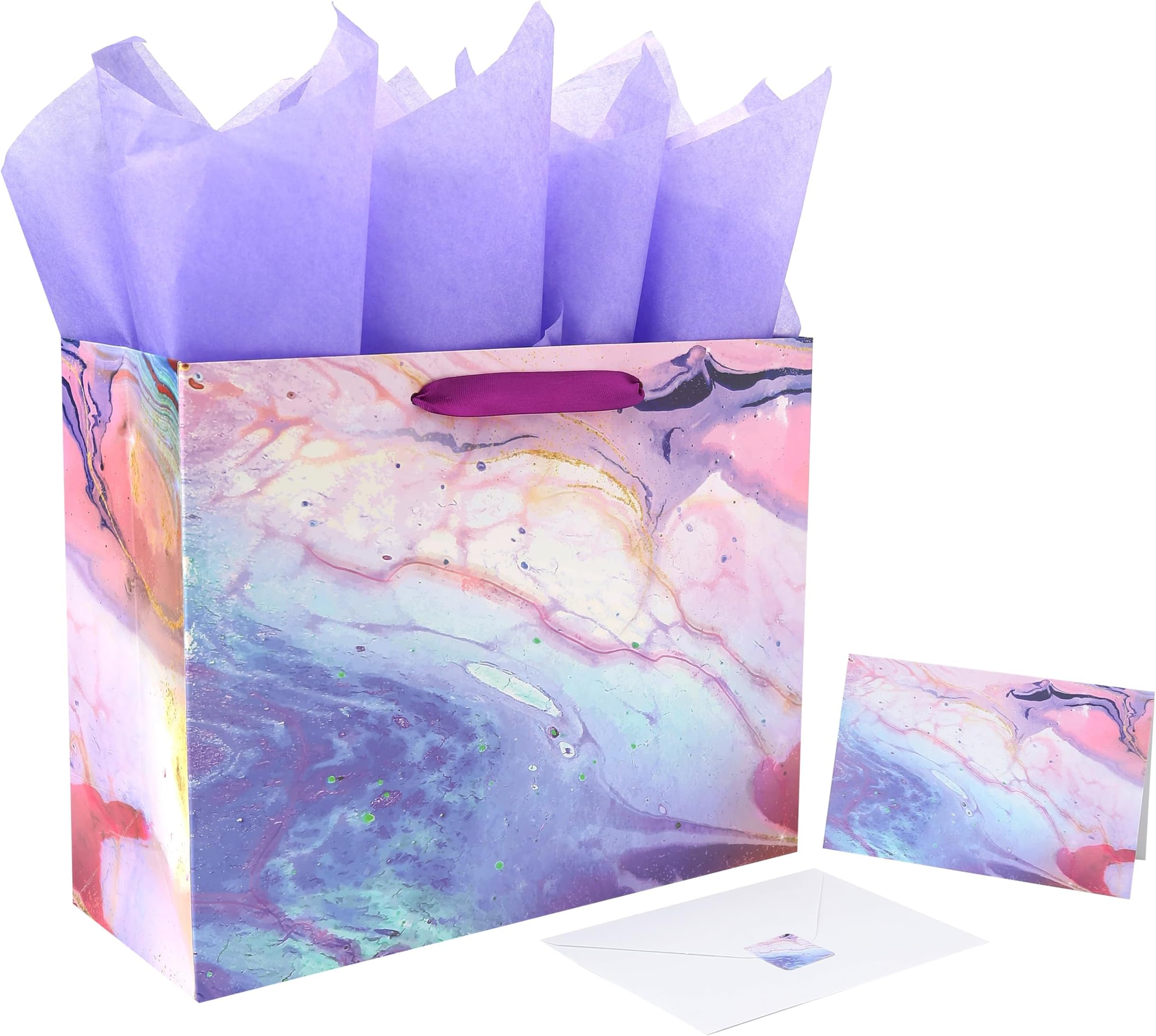 13" Large Purple and Red Gift Bag Set with Greeting Card and Tissue Paper(Marble Design) for Celebrating Birthdays, Mother's Day, Valentine's Day, Weddings, Anniversaries- 13โx5.2โx10.2โ,1 Pcs