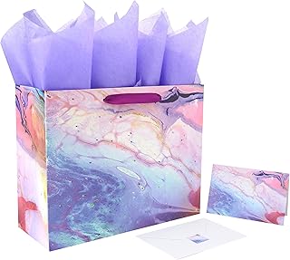 13" Large Purple and Red Gift Bag Set with Greeting Card and Tissue Paper(Marble Design) for Celebrating Birthdays, Valentine's Day, Weddings, Anniversaries, Mother's Day- 13”x5.2”x10.2”,1 Pcs