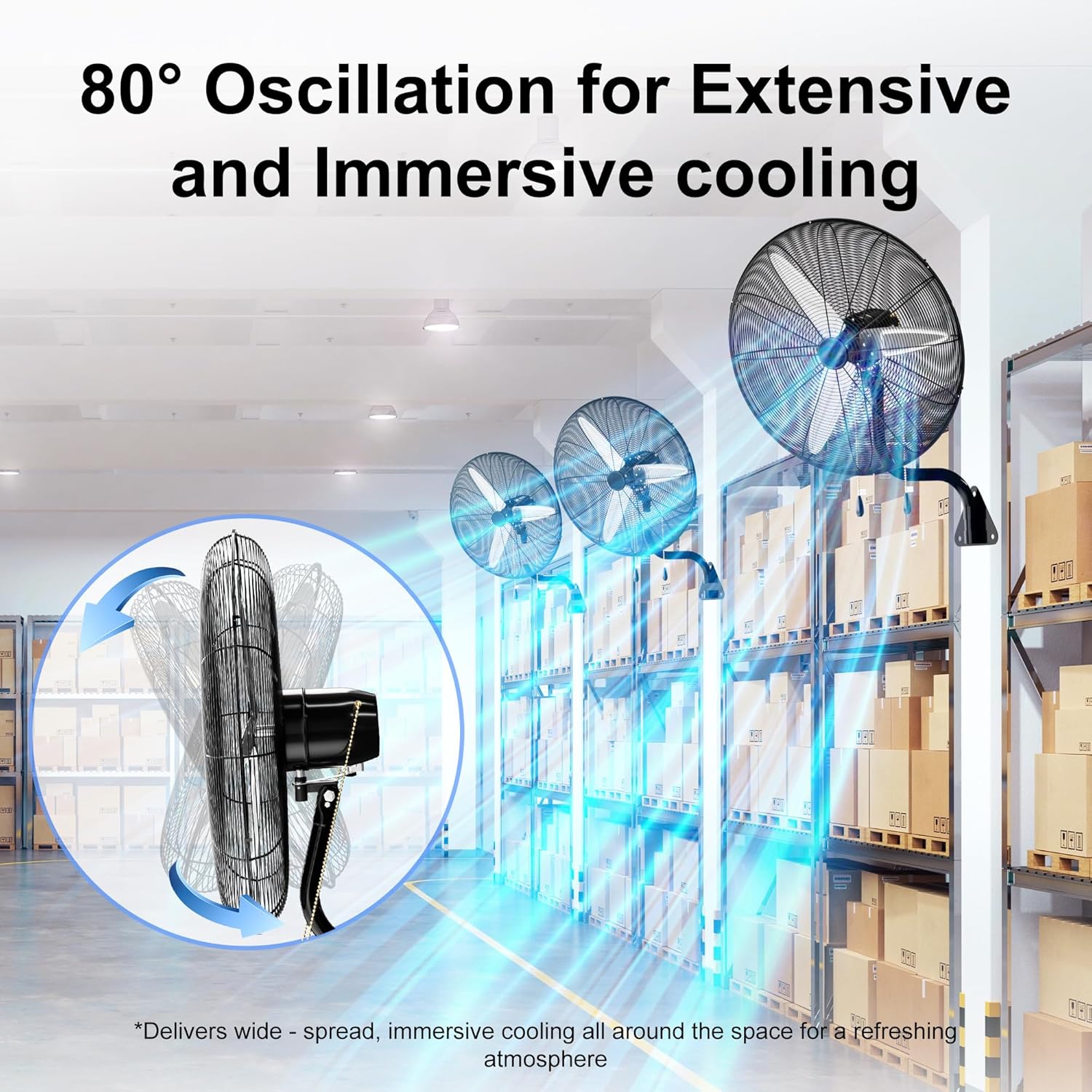 Multiple wall-mounted fans oscillating in a warehouse setting