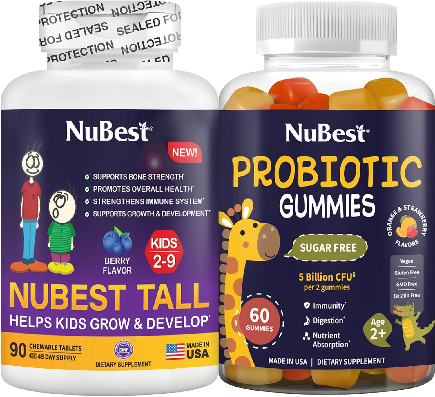 NuBest Bundle Tall Kids 90 Chewable Tablets with Berry Flavor & Probiotic Gummies Strawberry & Orange Gummies - Brain Growth, Healthy Growth and Digestive Support for Kids & Teens