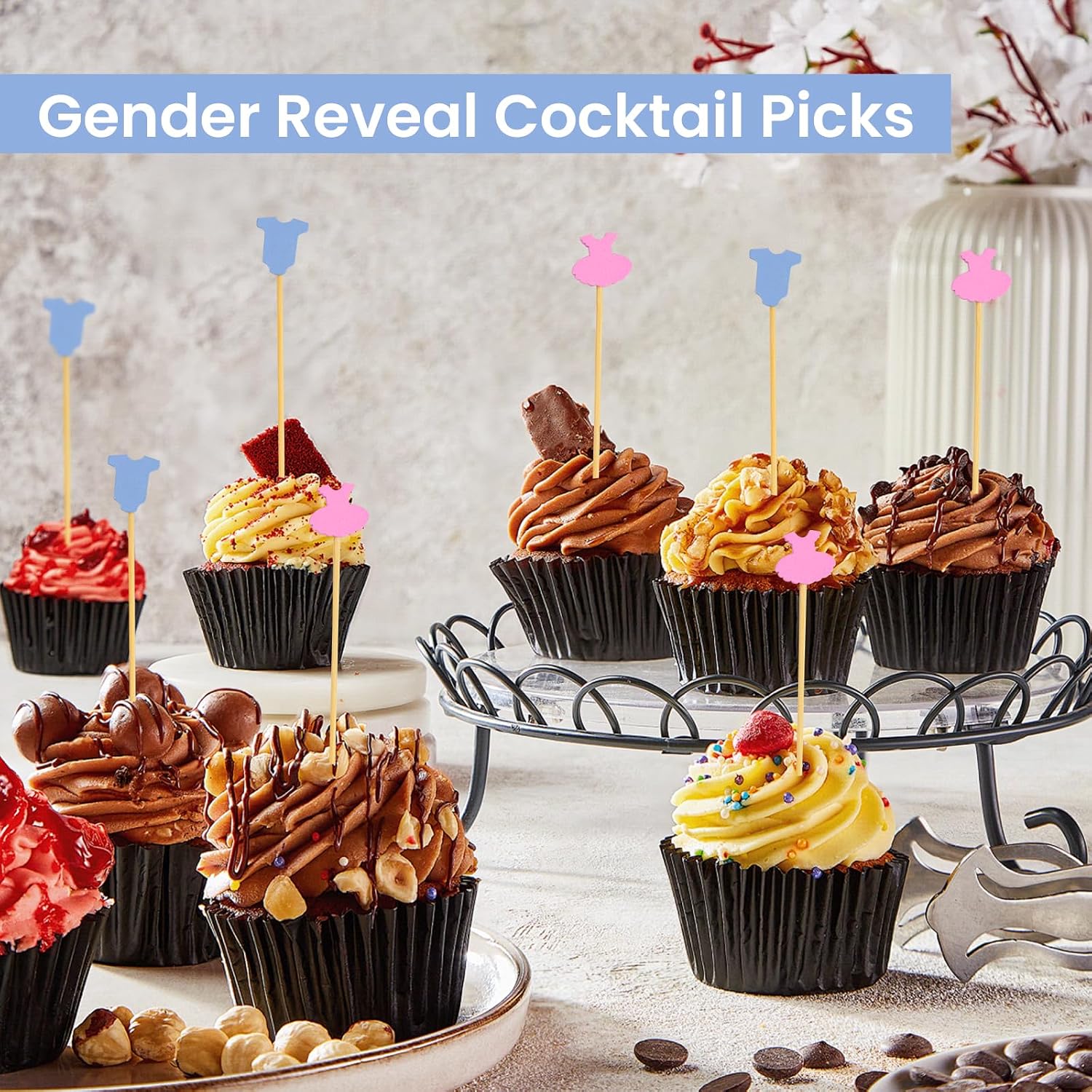 100PCS Gender Reveal Cocktail Picks 4.7 Inch, Boy or Girl Fancy Toothpicks Bamboo Appetizer Toothpicks Food Picks for Birthday Baby Shower Gender Reveal Party Decorations (Gender Reveal)