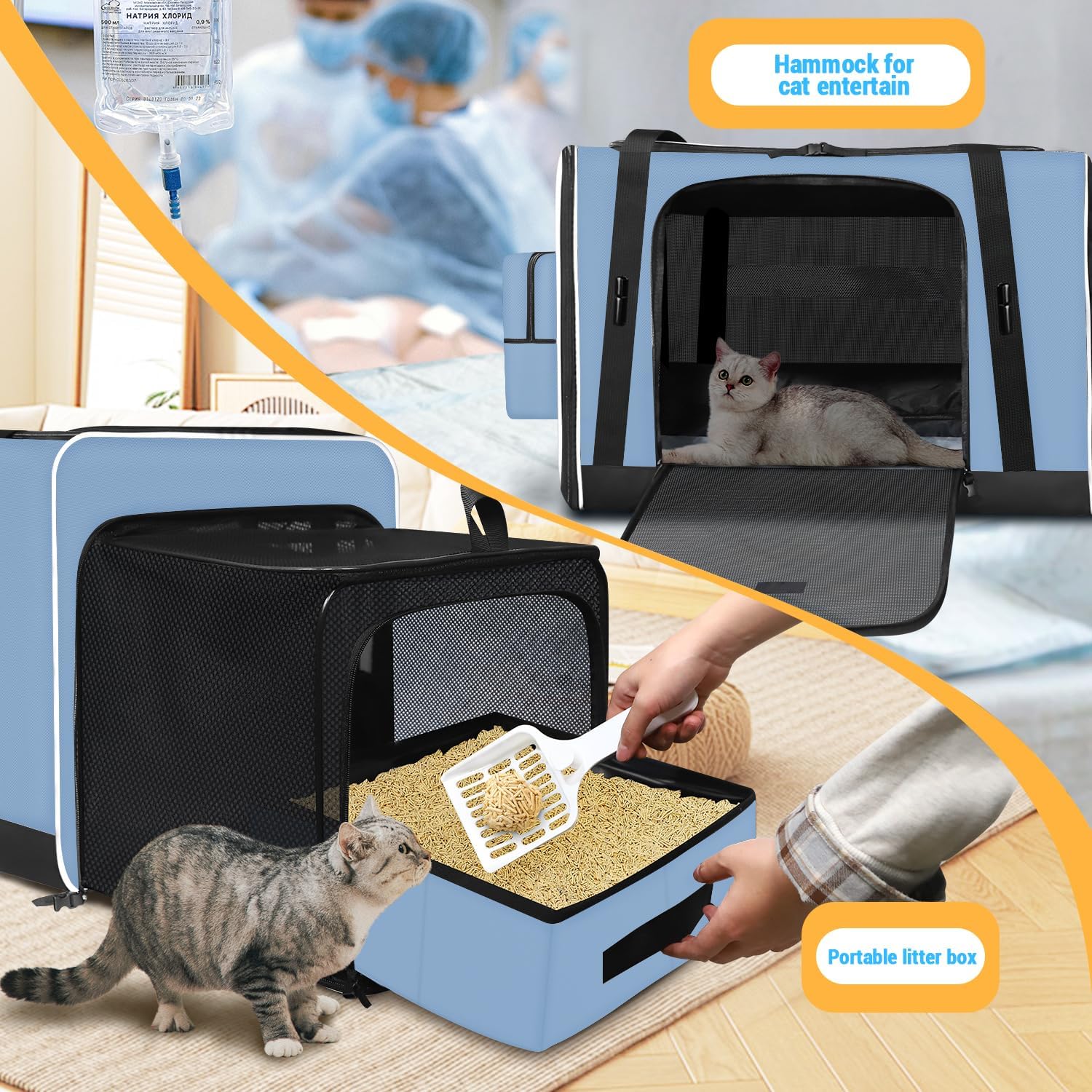 24"x17"x17" Petskd Side Expandable Extra Large Cat Carrier with Litter Box Area for Car Travel, Collapsible Soft Large Pet Carrier or 2 Cats Under 55LBS with Seat Belt Buckles(Blue)