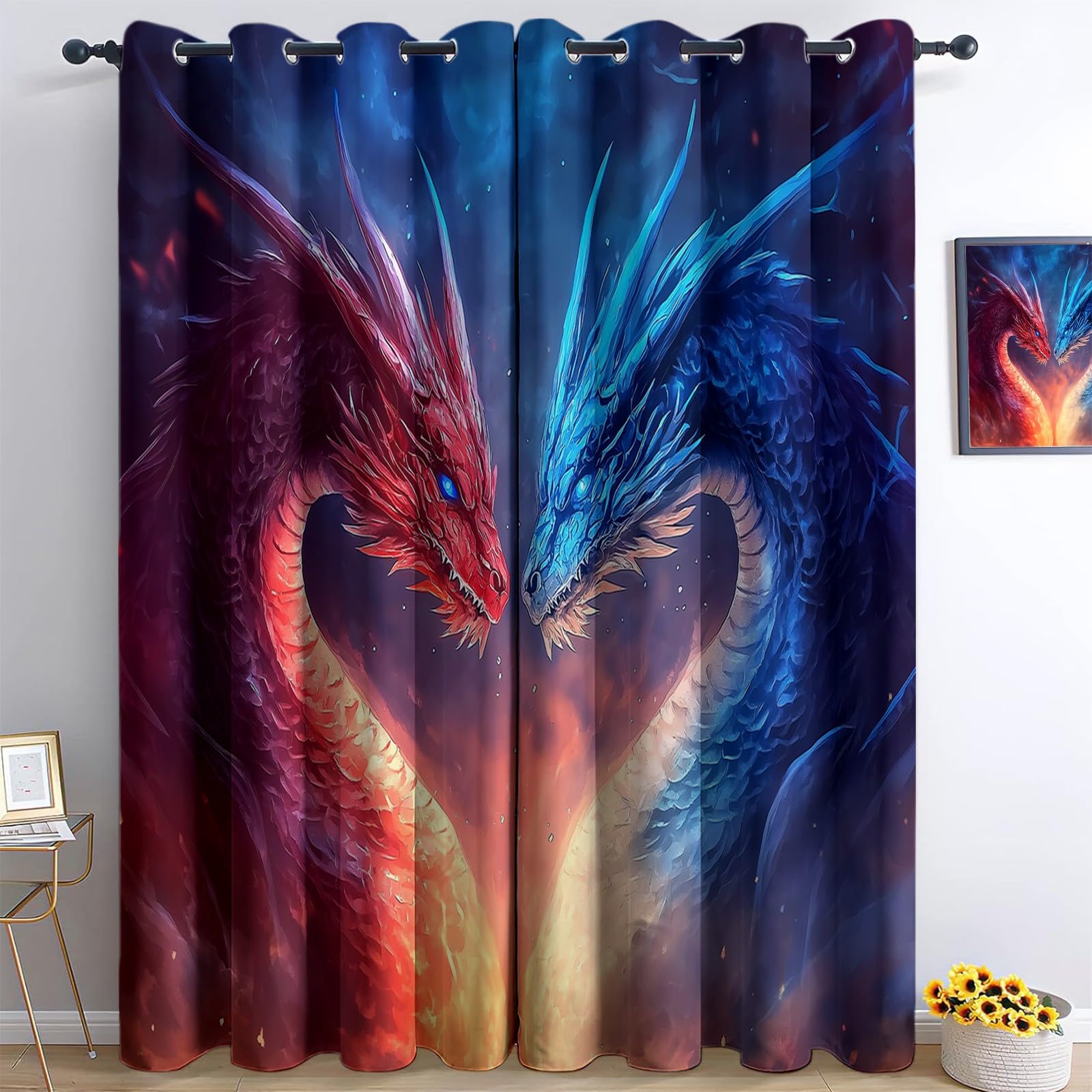 215 x 110 cm Verdunklungsvorhänge 2er Set, Fantasie Tiere Drachen Konfrontation Thermovorhang Hitzeschutz - Vorhang Blickdicht mit Ösen - Thermovorhang-Gardinen für Wohnzimmer, Blau-Orange